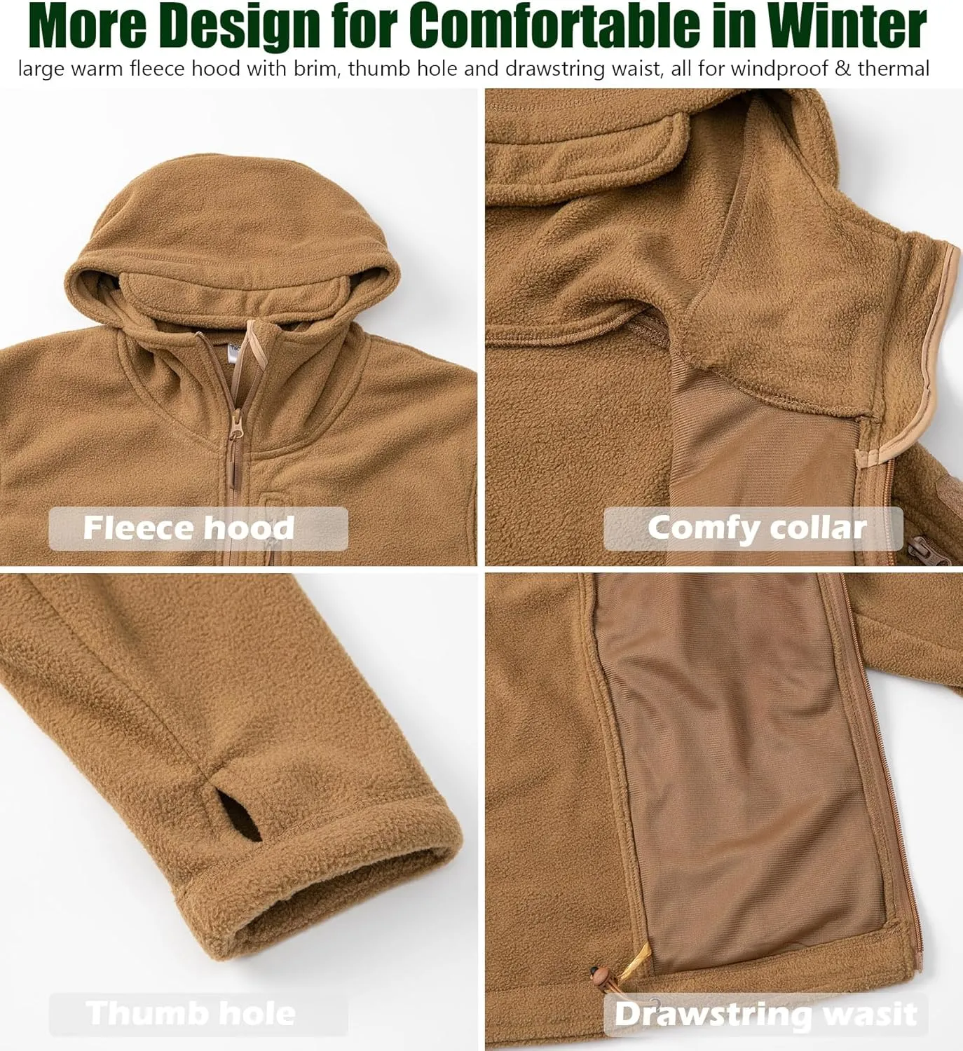 CARWORNIC Men's Tactical Hooded Fleece Jackets Full-Zip Winter Warm Polar Military Outdoor Hiking Coat with Zipper Pockets