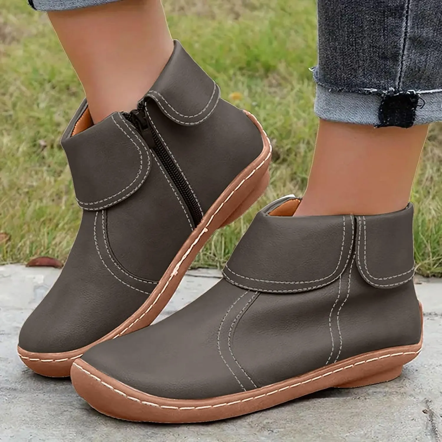 Cathalem Ankle Boots for Women, 2024 New Flat Heel Booties Arch Support Booties Side Zip-up Vintage Leather Damping Shoes