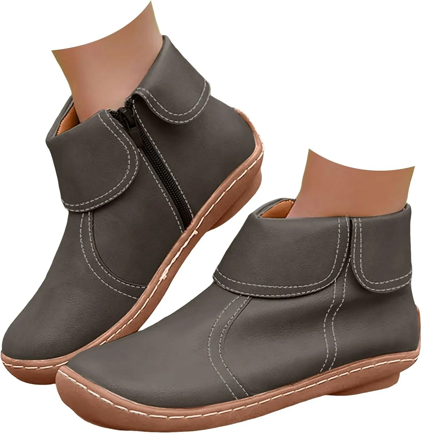 Cathalem Ankle Boots for Women, 2024 New Flat Heel Booties Arch Support Booties Side Zip-up Vintage Leather Damping Shoes