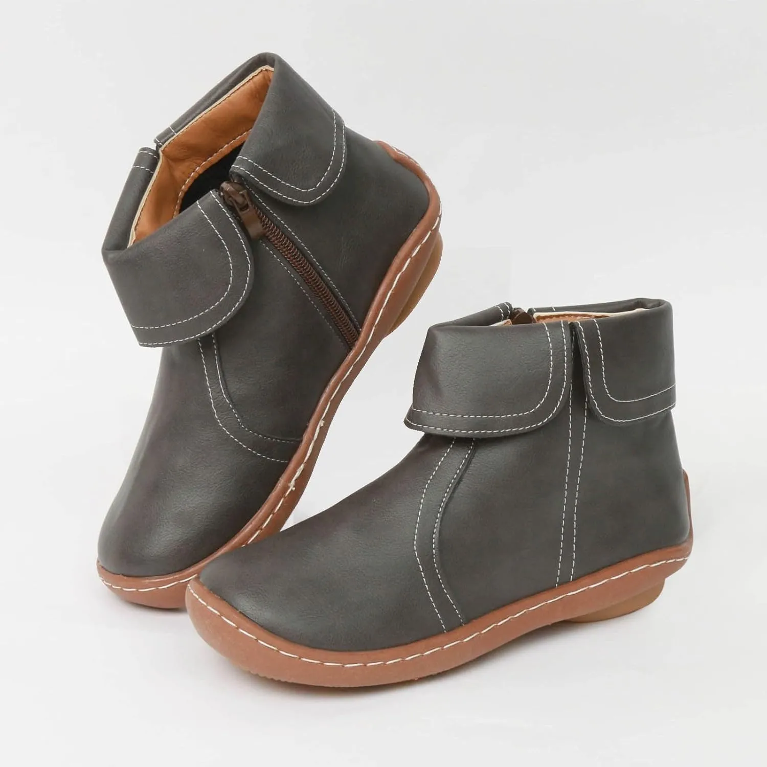 Cathalem Ankle Boots for Women, 2024 New Flat Heel Booties Arch Support Booties Side Zip-up Vintage Leather Damping Shoes