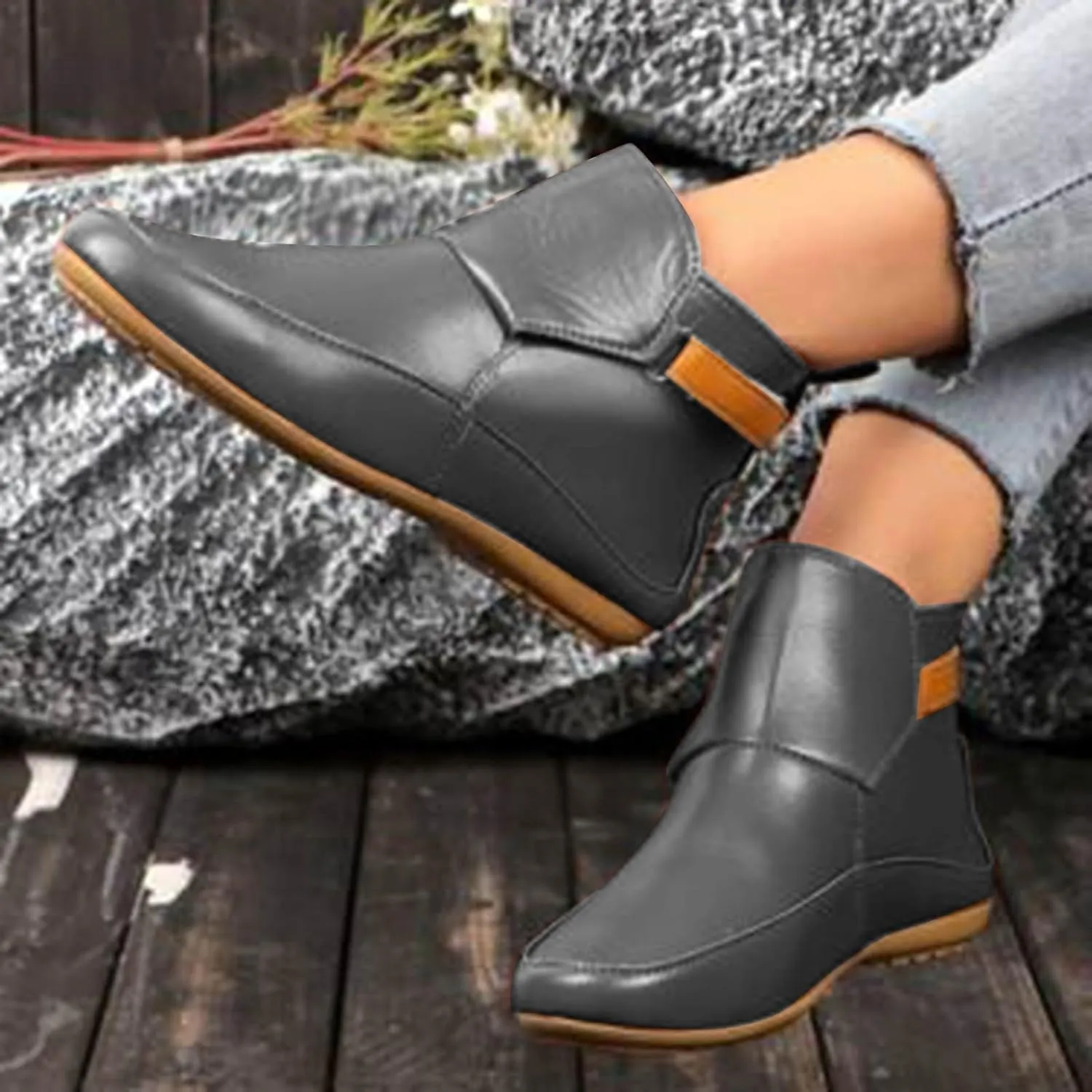 Cathalem Booties for Women, 2024 New Arch Support Booties Side Zip-up Vintage Leather Damping Shoes Flat Heel Booties