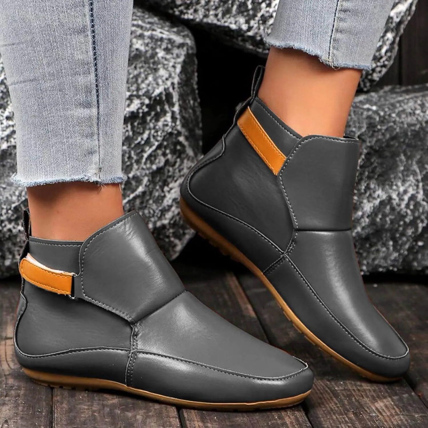 Cathalem Booties for Women, 2024 New Arch Support Booties Side Zip-up Vintage Leather Damping Shoes Flat Heel Booties