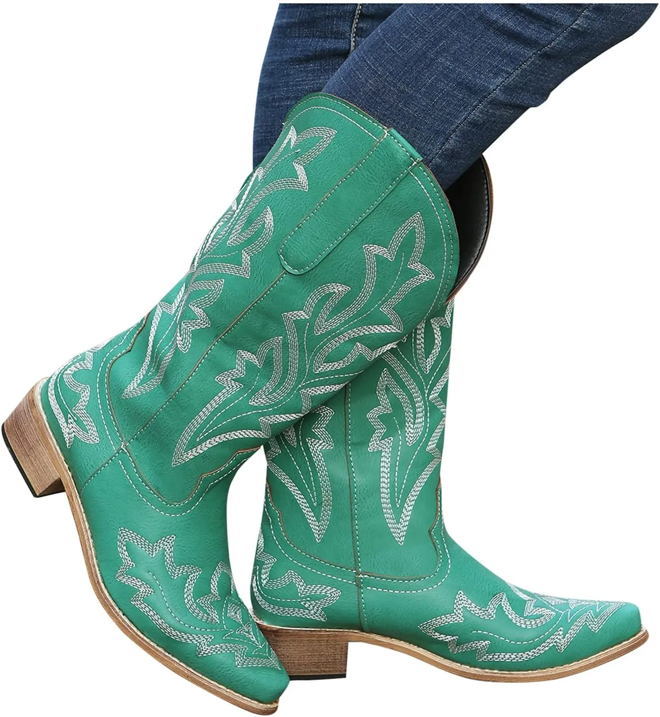 Cathalem Cowboy Boots for Women Mid Calf Cowgirl Boots Square Toe Chunky Heel Embroidery Stitched Western Boots