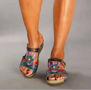 Chicvane Boho Style Flower Deco Wedge Slides Shoes