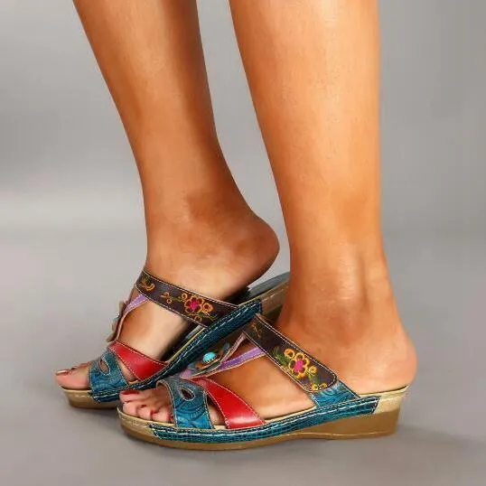 Chicvane Boho Style Flower Deco Wedge Slides Shoes
