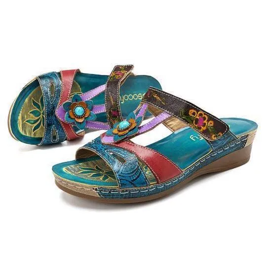 Chicvane Boho Style Flower Deco Wedge Slides Shoes