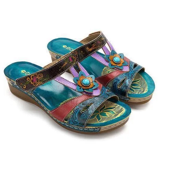 Chicvane Boho Style Flower Deco Wedge Slides Shoes