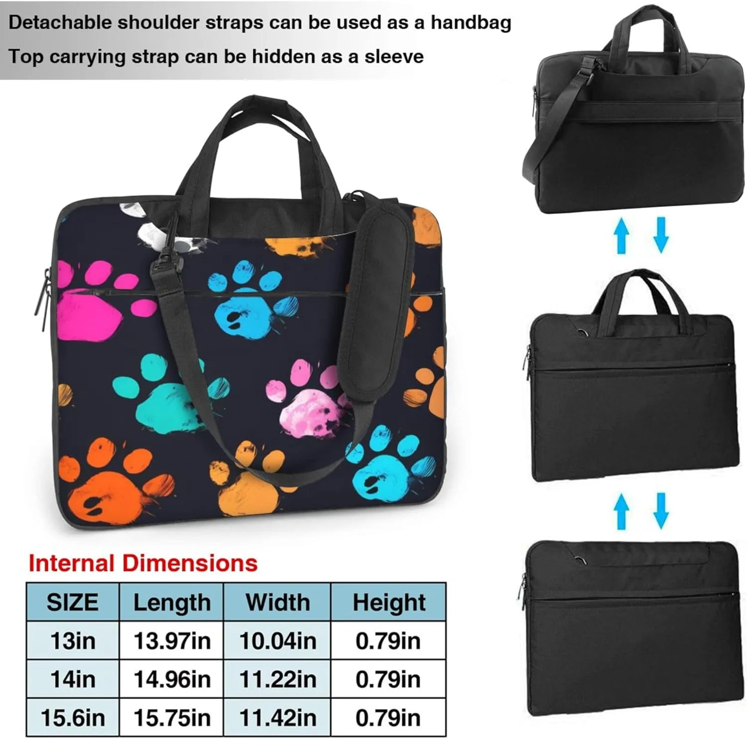 Colorful Dog Cat Paw Print Laptop Shoulder Bag for Women, Laptop Sleeve Case Durable Computer Bag