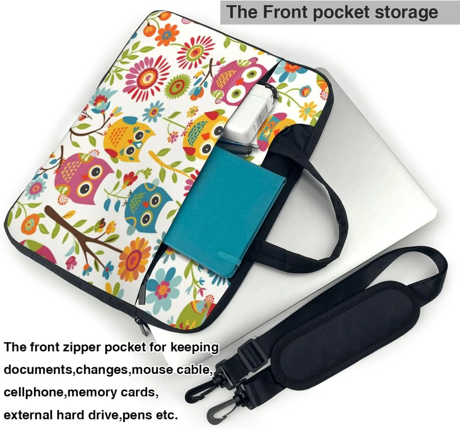 Colorful Funny Owls Laptop Shoulder Bag for Women, Cartoon Owl Laptop Sleeve Case Durable Computer Bag