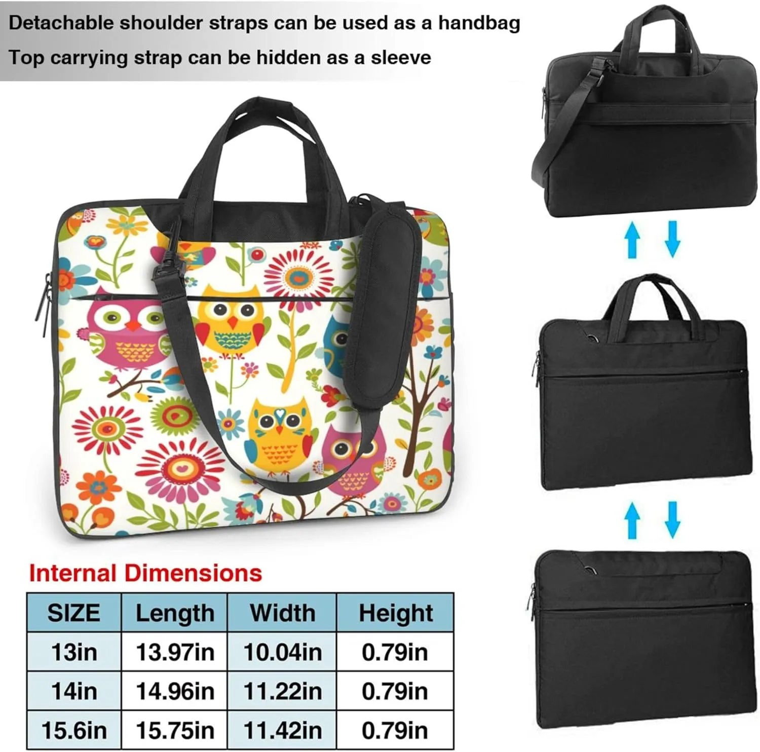 Colorful Funny Owls Laptop Shoulder Bag for Women, Cartoon Owl Laptop Sleeve Case Durable Computer Bag