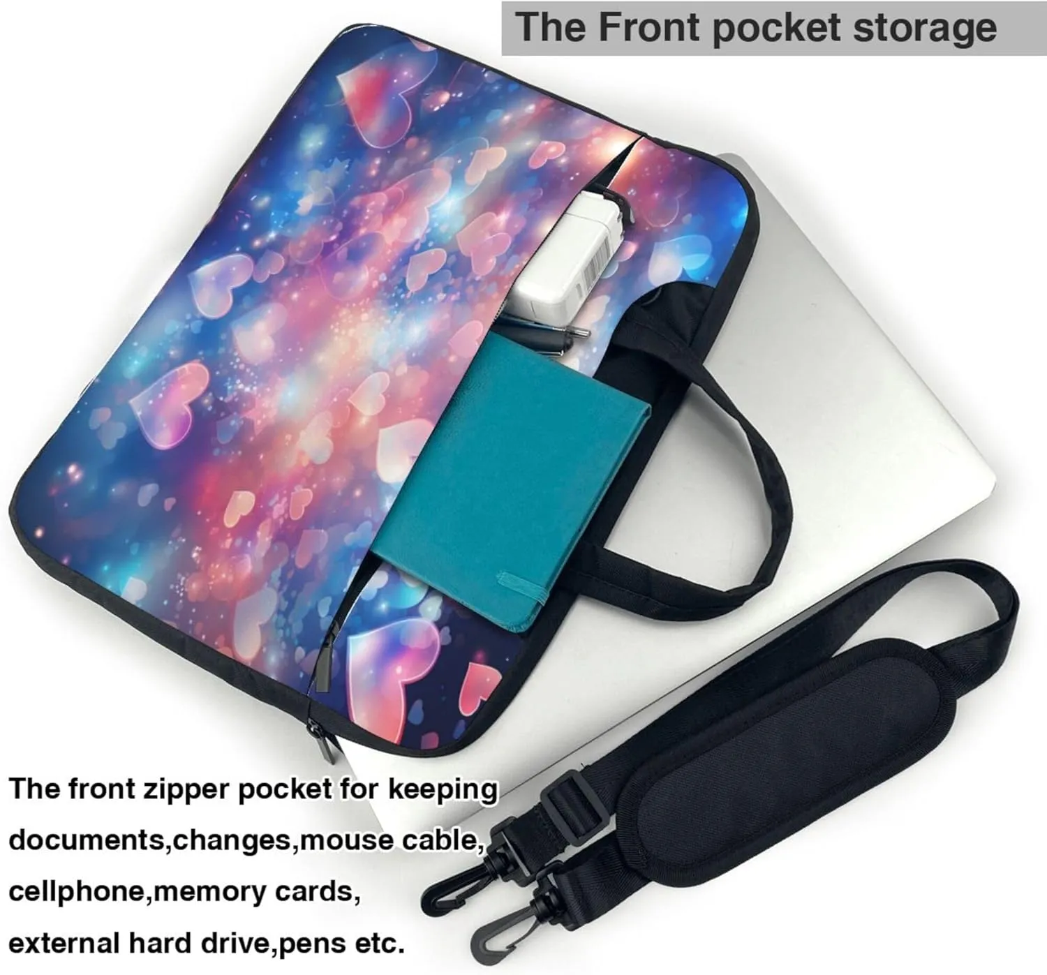 Colorful Love Heart Laptop Shoulder Bag for Women, Abstract Painted Laptop Sleeve Case Durable Computer Bag