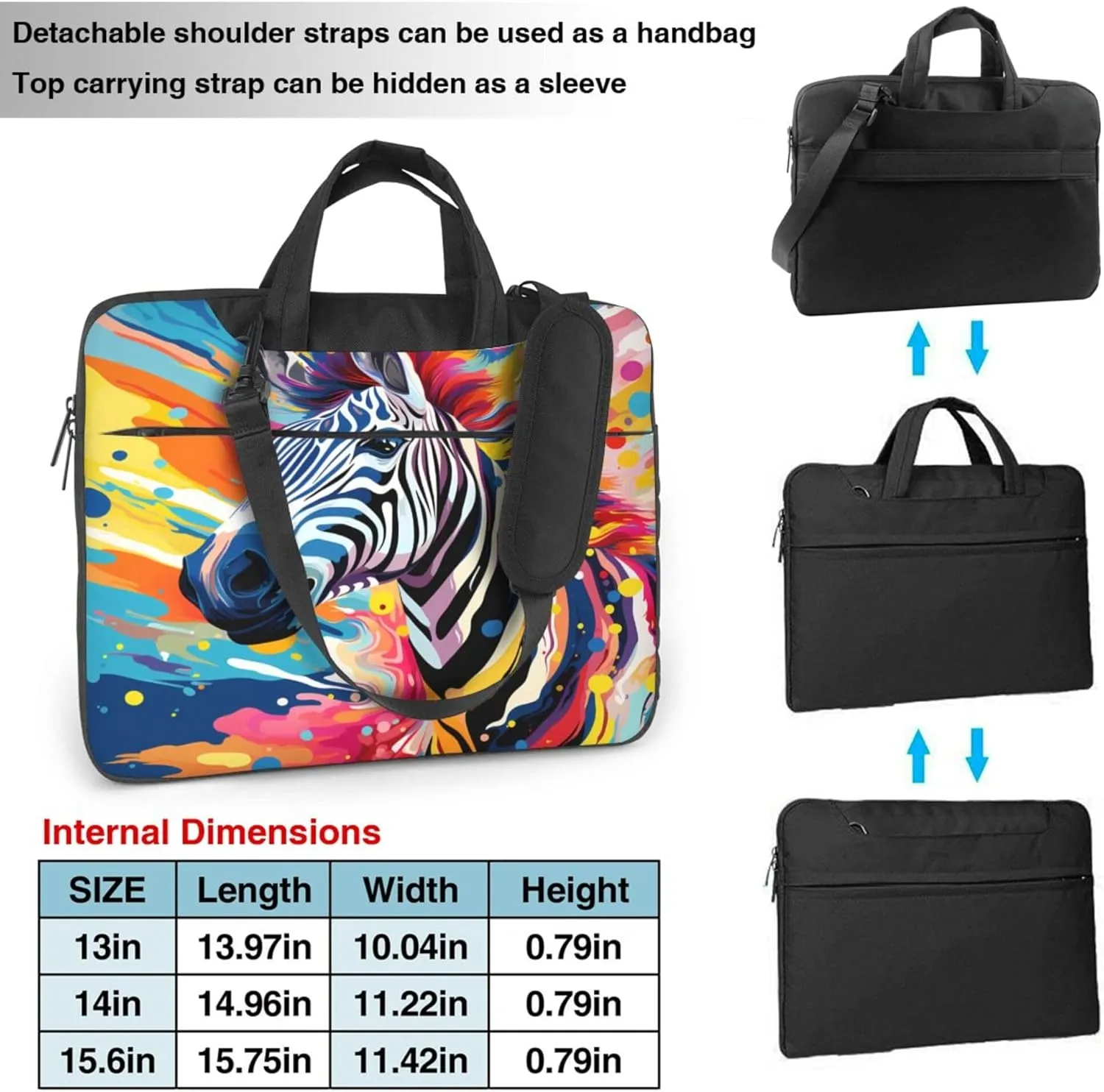 Colorful Zebra Laptop Shoulder Bag for Women, Art Painting Animal Laptop Sleeve Case Durable Computer Bag