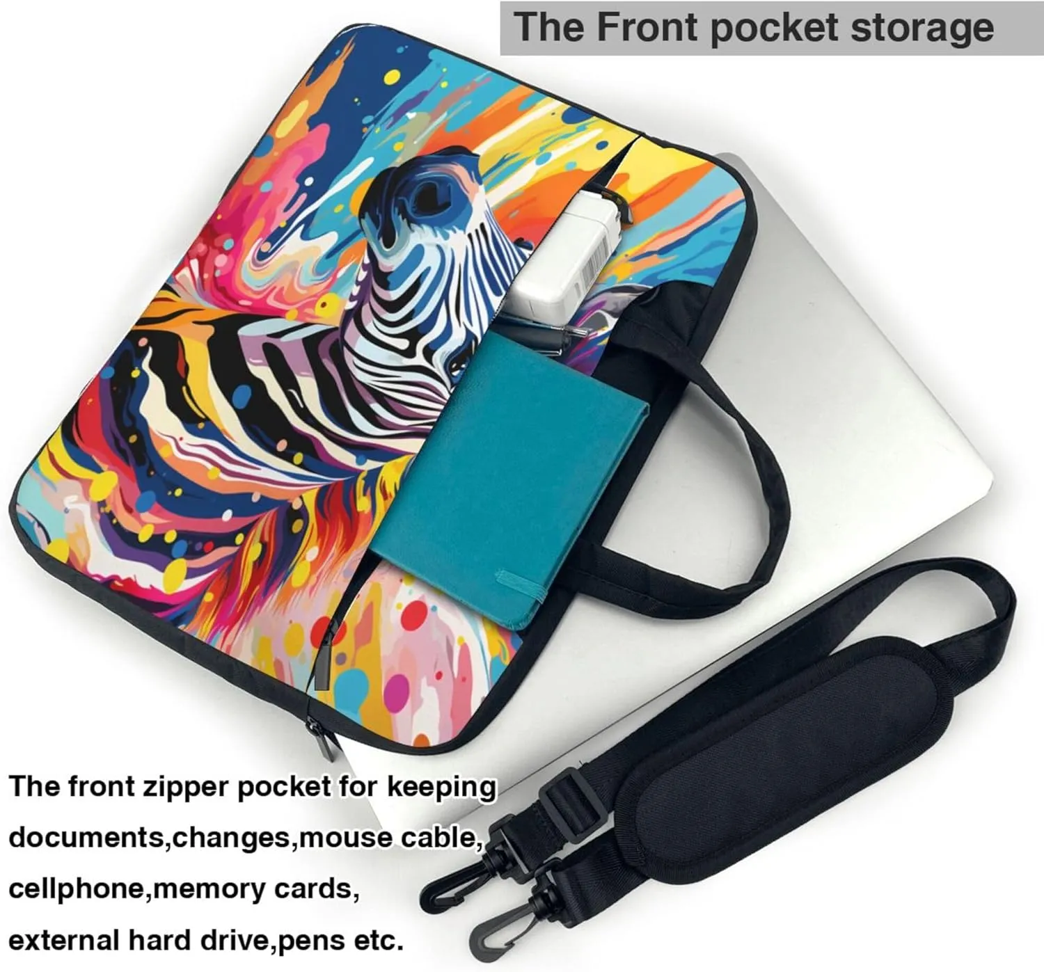 Colorful Zebra Laptop Shoulder Bag for Women, Art Painting Animal Laptop Sleeve Case Durable Computer Bag
