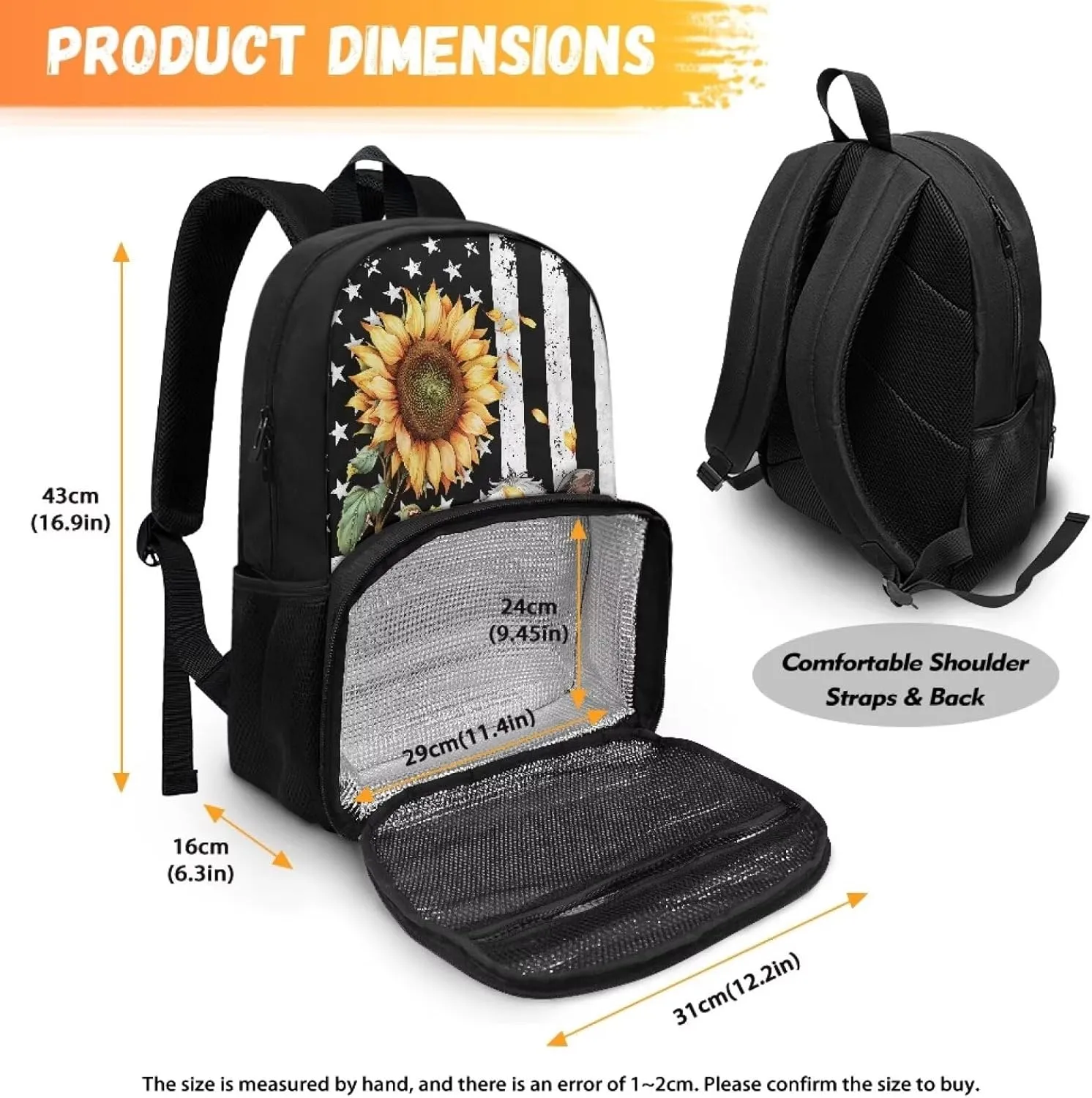 Cooler Backpack, American Flag Cow Sunflower Portable School Bag Coolers Insulated, Large Capacity Kids Backpack, Waterproof Soft Cooler Bag Lunch Box for Men Women Camping Hiking