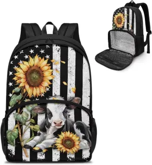 Cooler Backpack, American Flag Cow Sunflower Portable School Bag Coolers Insulated, Large Capacity Kids Backpack, Waterproof Soft Cooler Bag Lunch Box for Men Women Camping Hiking
