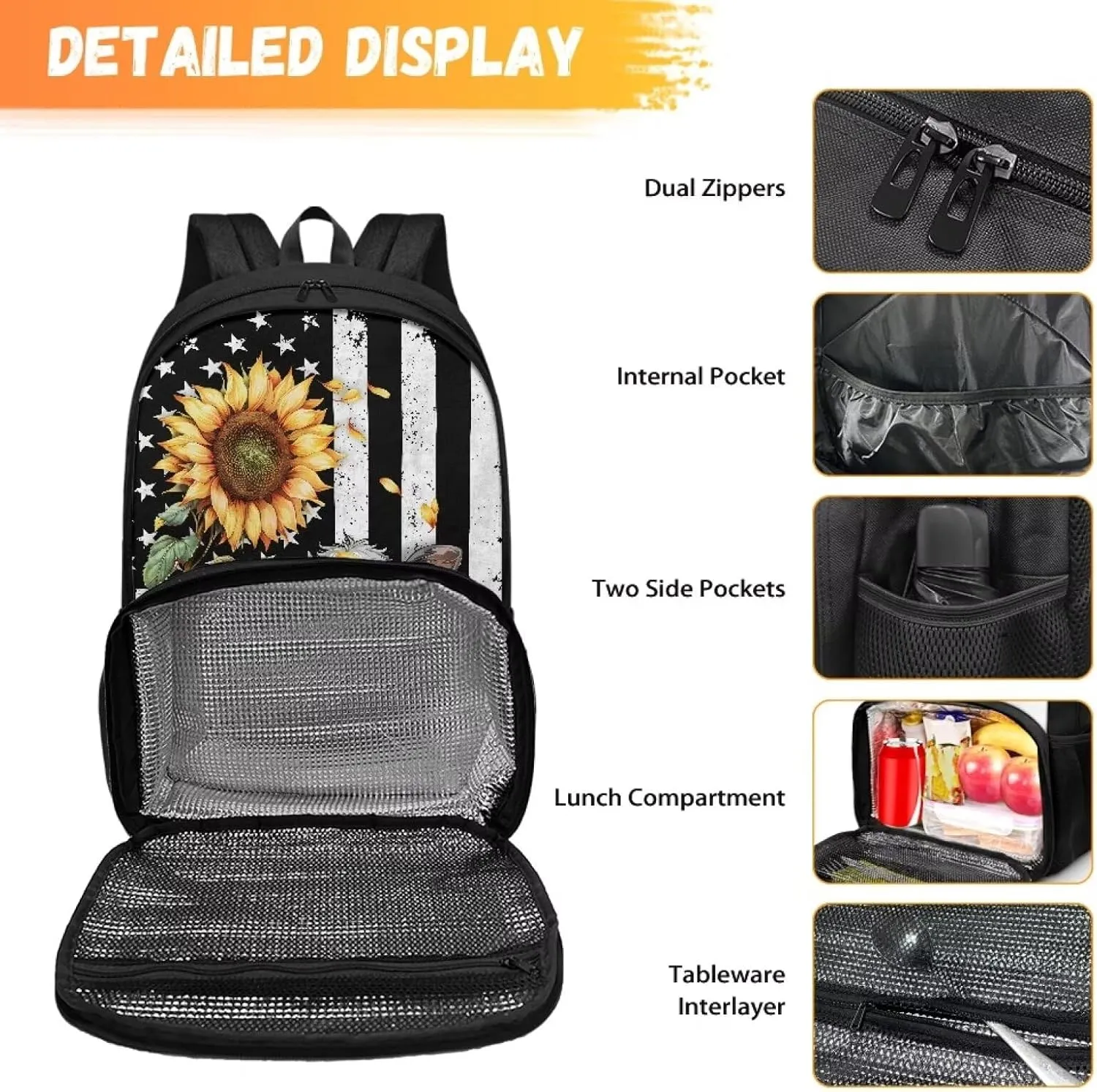 Cooler Backpack, American Flag Cow Sunflower Portable School Bag Coolers Insulated, Large Capacity Kids Backpack, Waterproof Soft Cooler Bag Lunch Box for Men Women Camping Hiking