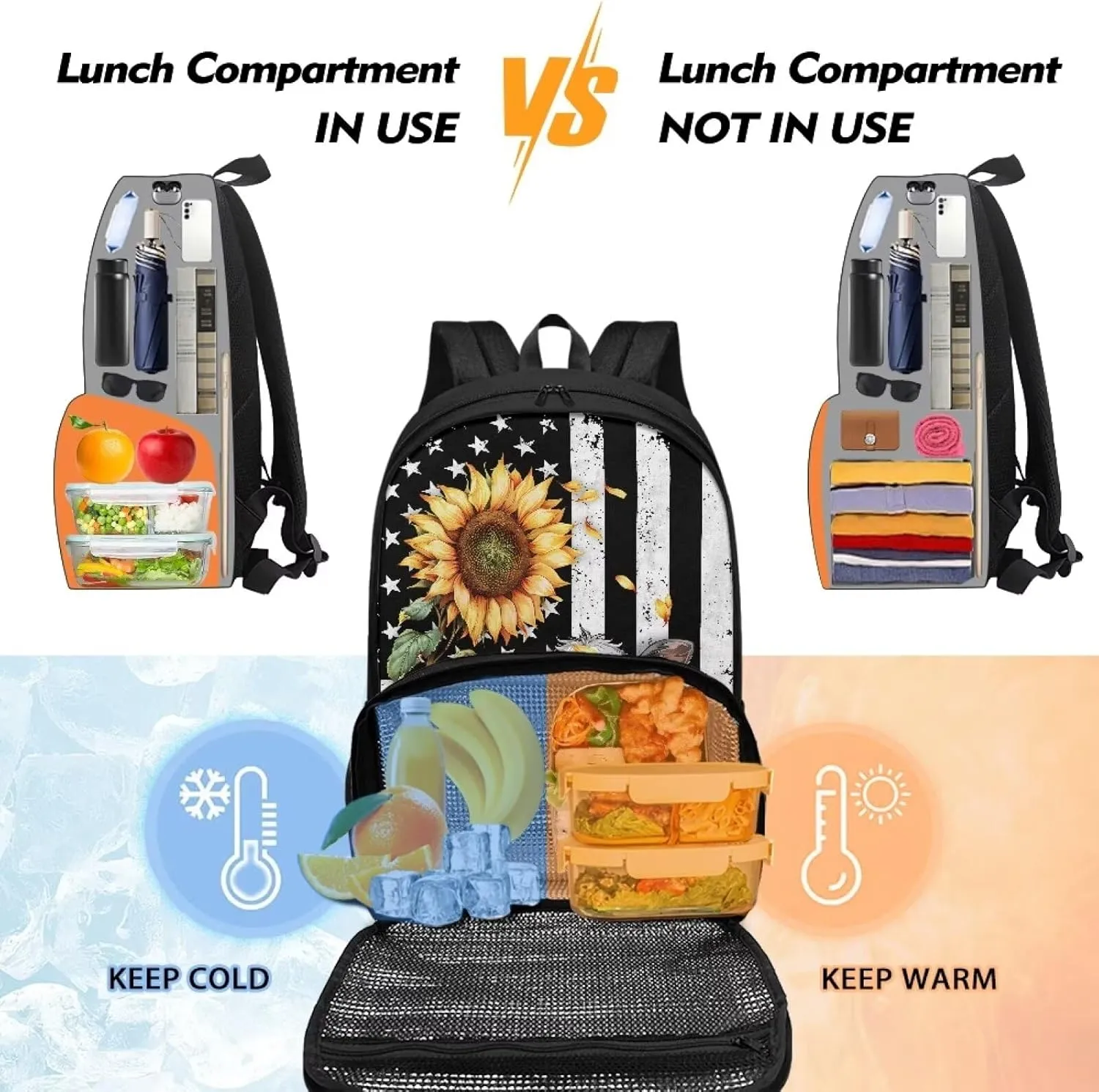 Cooler Backpack, American Flag Cow Sunflower Portable School Bag Coolers Insulated, Large Capacity Kids Backpack, Waterproof Soft Cooler Bag Lunch Box for Men Women Camping Hiking