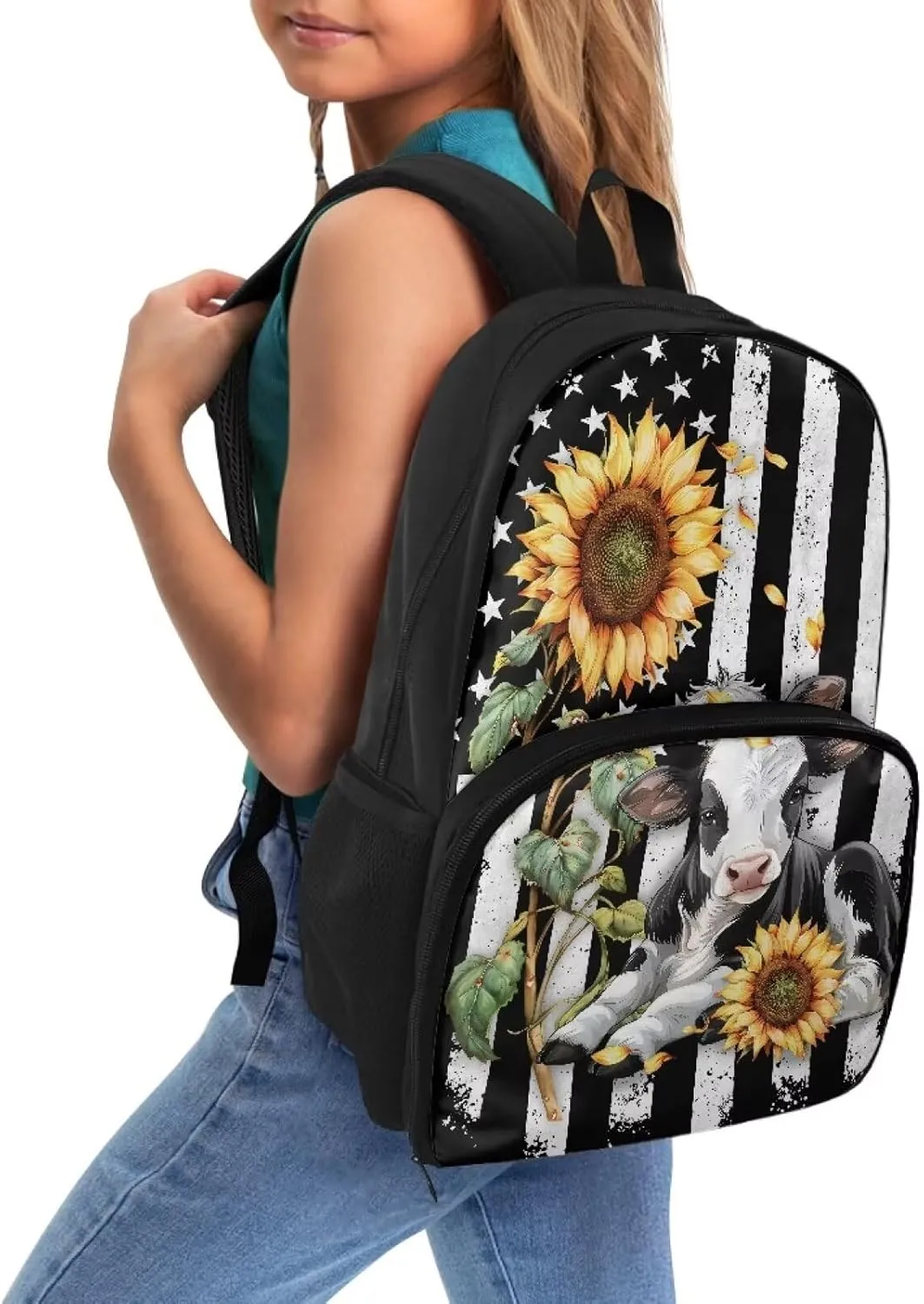 Cooler Backpack, American Flag Cow Sunflower Portable School Bag Coolers Insulated, Large Capacity Kids Backpack, Waterproof Soft Cooler Bag Lunch Box for Men Women Camping Hiking