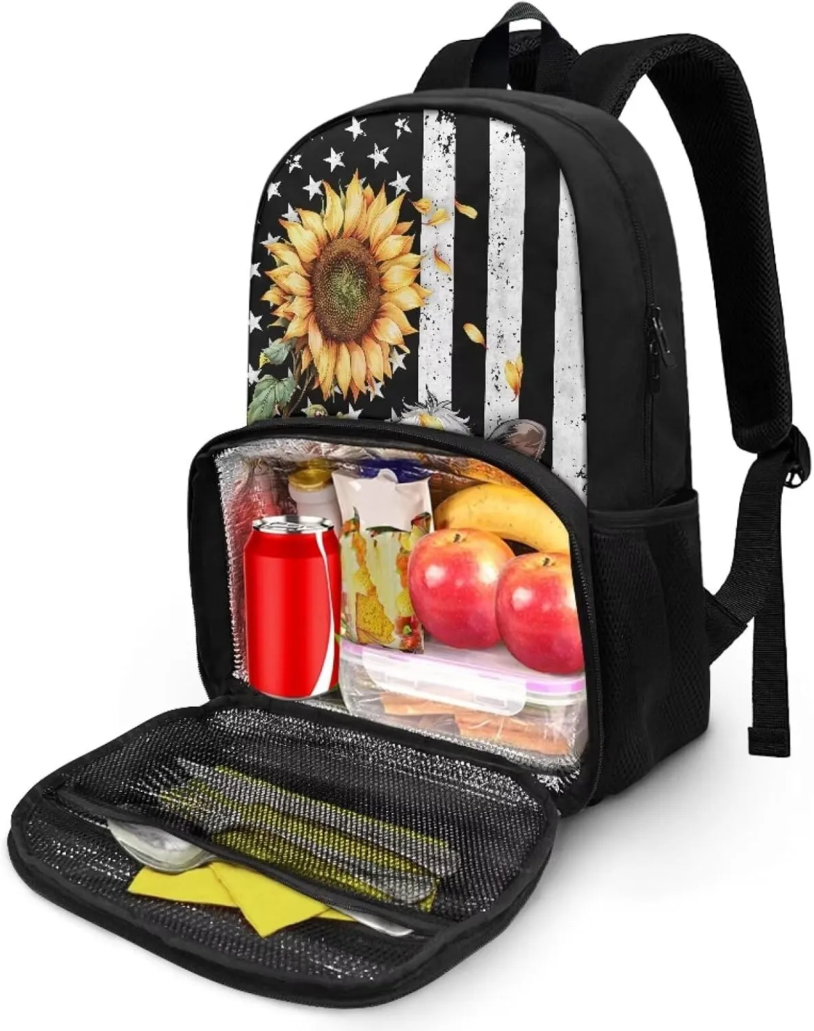 Cooler Backpack, American Flag Cow Sunflower Portable School Bag Coolers Insulated, Large Capacity Kids Backpack, Waterproof Soft Cooler Bag Lunch Box for Men Women Camping Hiking