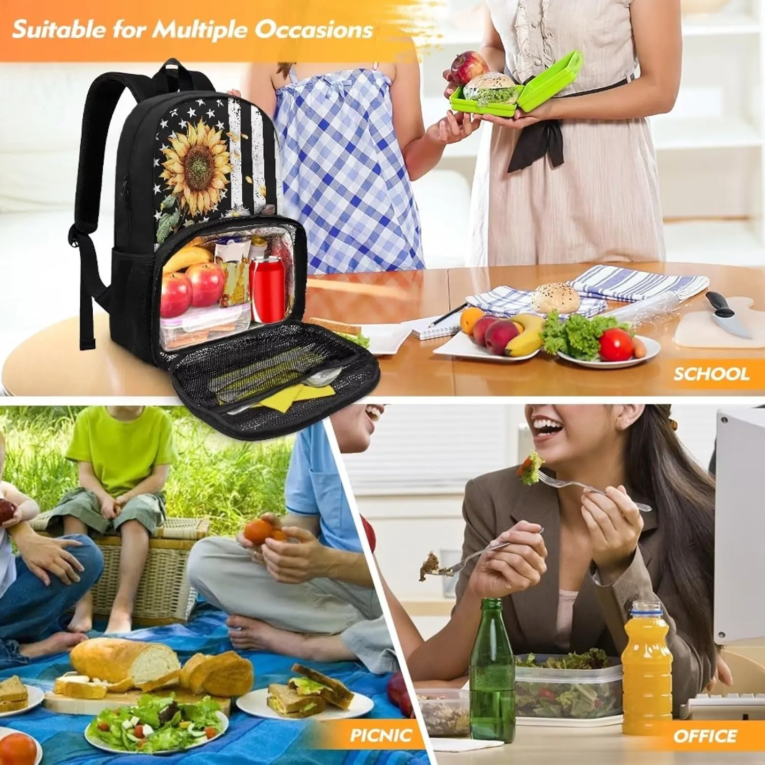 Cooler Backpack, American Flag Cow Sunflower Portable School Bag Coolers Insulated, Large Capacity Kids Backpack, Waterproof Soft Cooler Bag Lunch Box for Men Women Camping Hiking