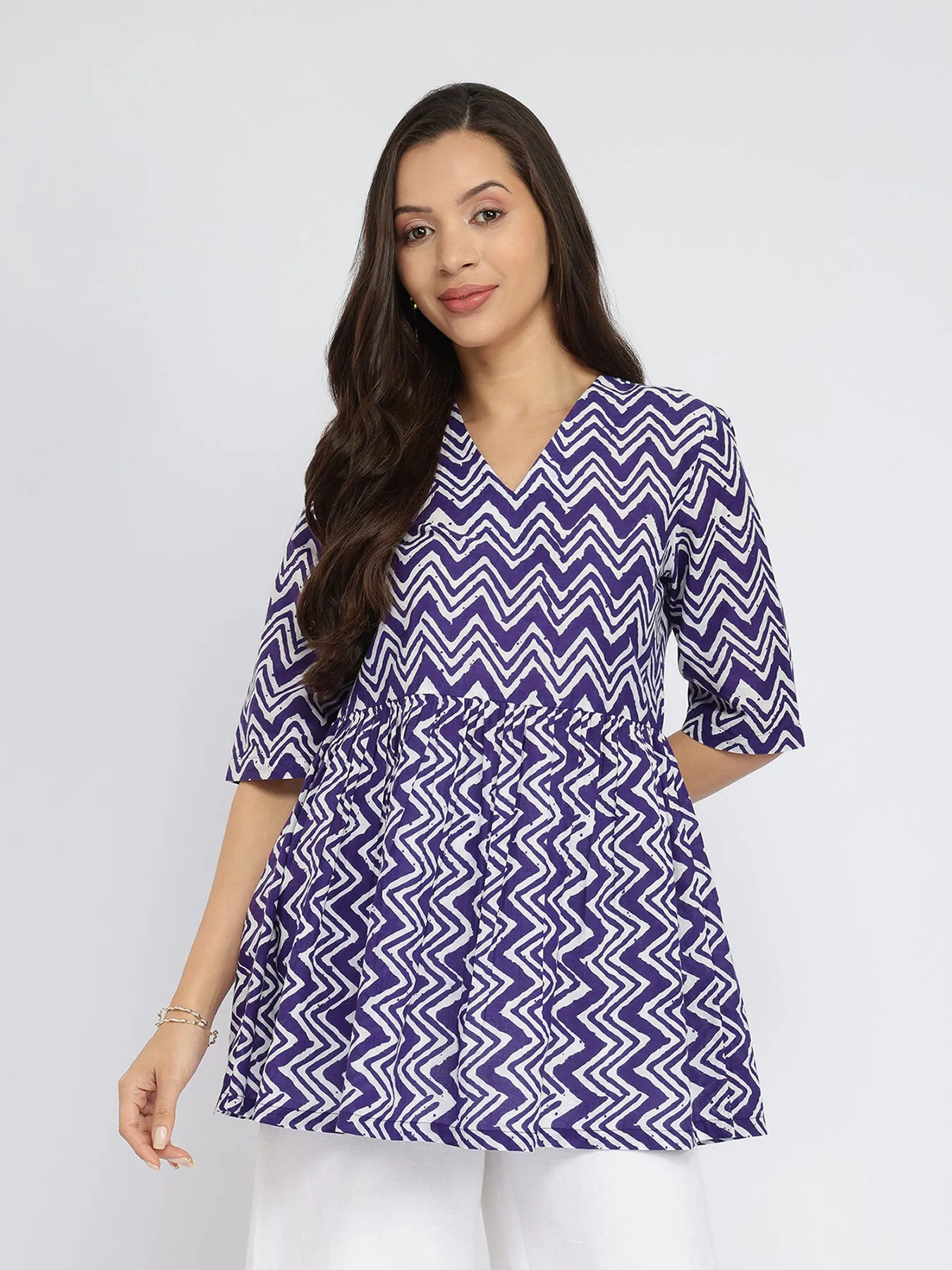 Cotton Chevron Print Peplum Top - Purple & White