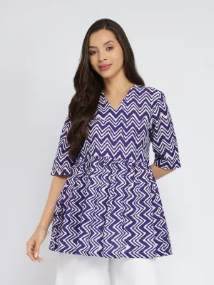 Cotton Chevron Print Peplum Top - Purple & White