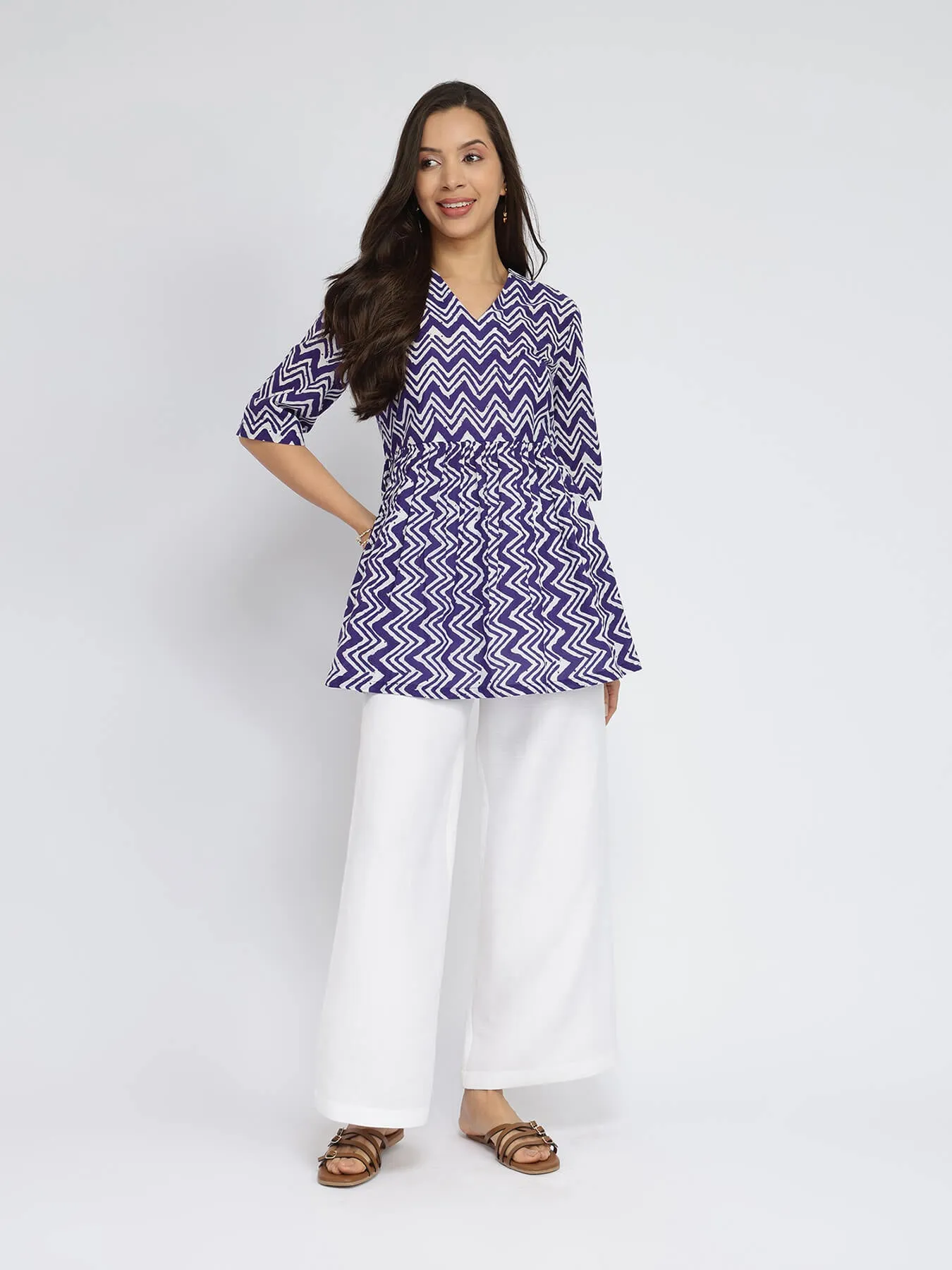 Cotton Chevron Print Peplum Top - Purple & White