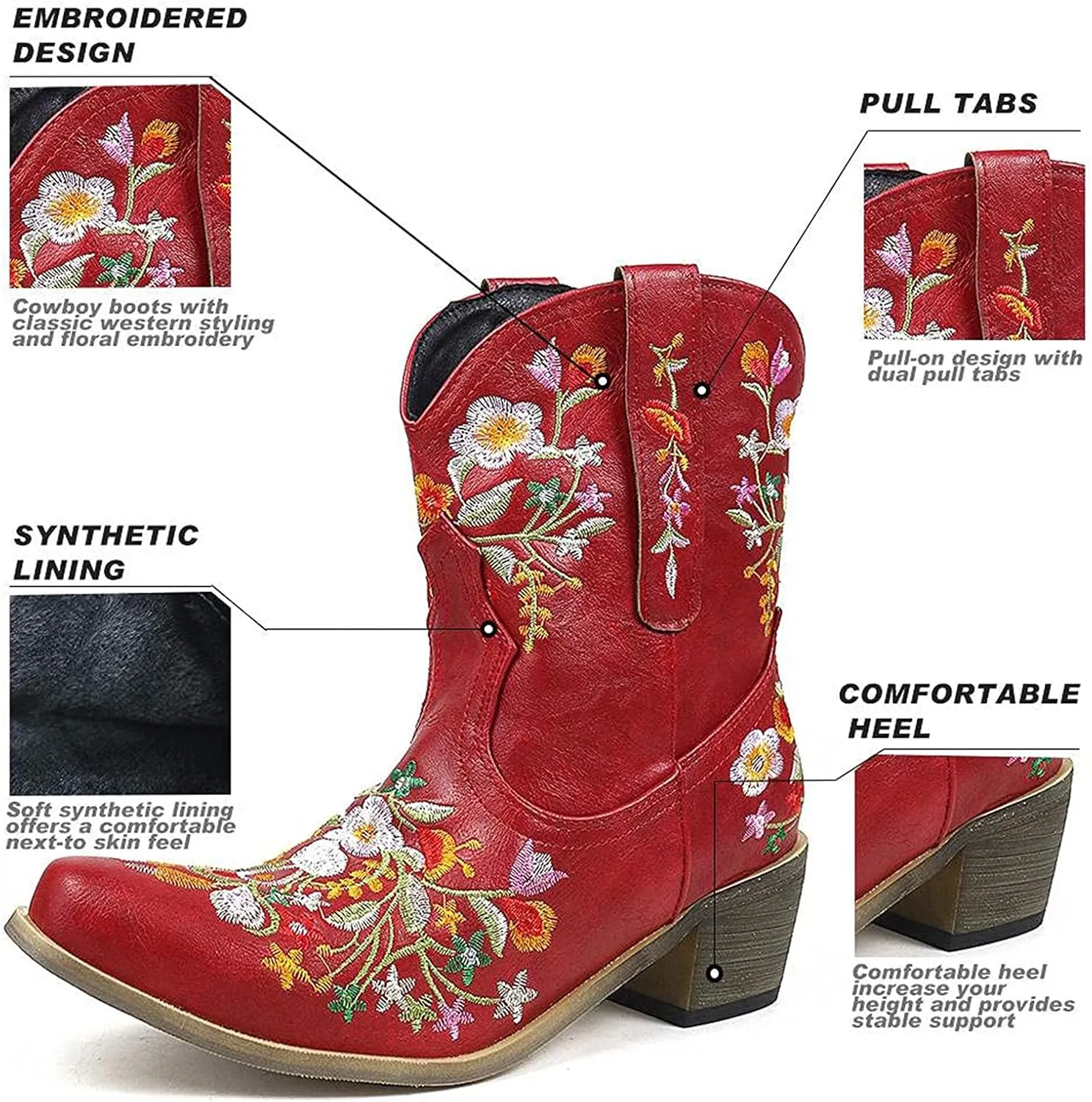 Cowboy Boots for Women Cowgirl Boots Wide Calf Chunky Heel Low Heel Pointed Toe Fashion Embroidered Pull on Boots