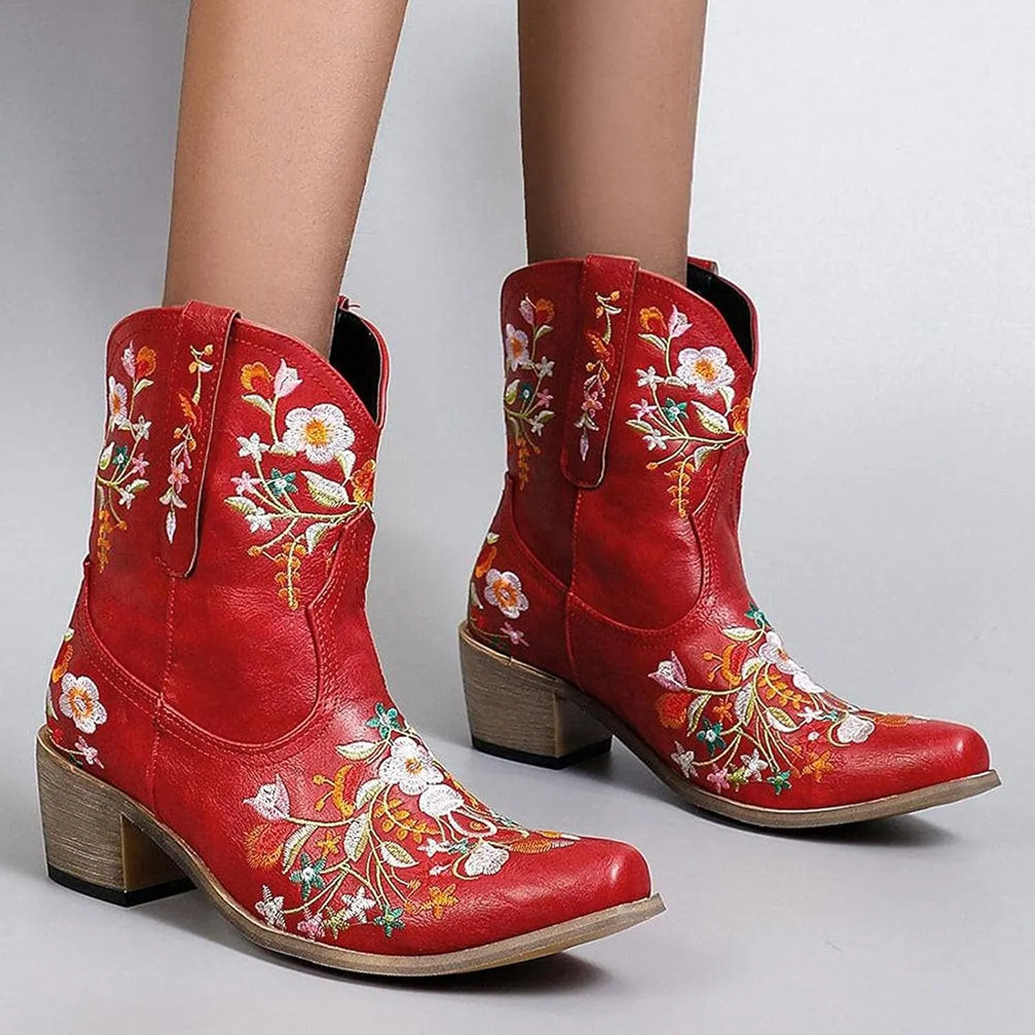 Cowboy Boots for Women Cowgirl Boots Wide Calf Chunky Heel Low Heel Pointed Toe Fashion Embroidered Pull on Boots