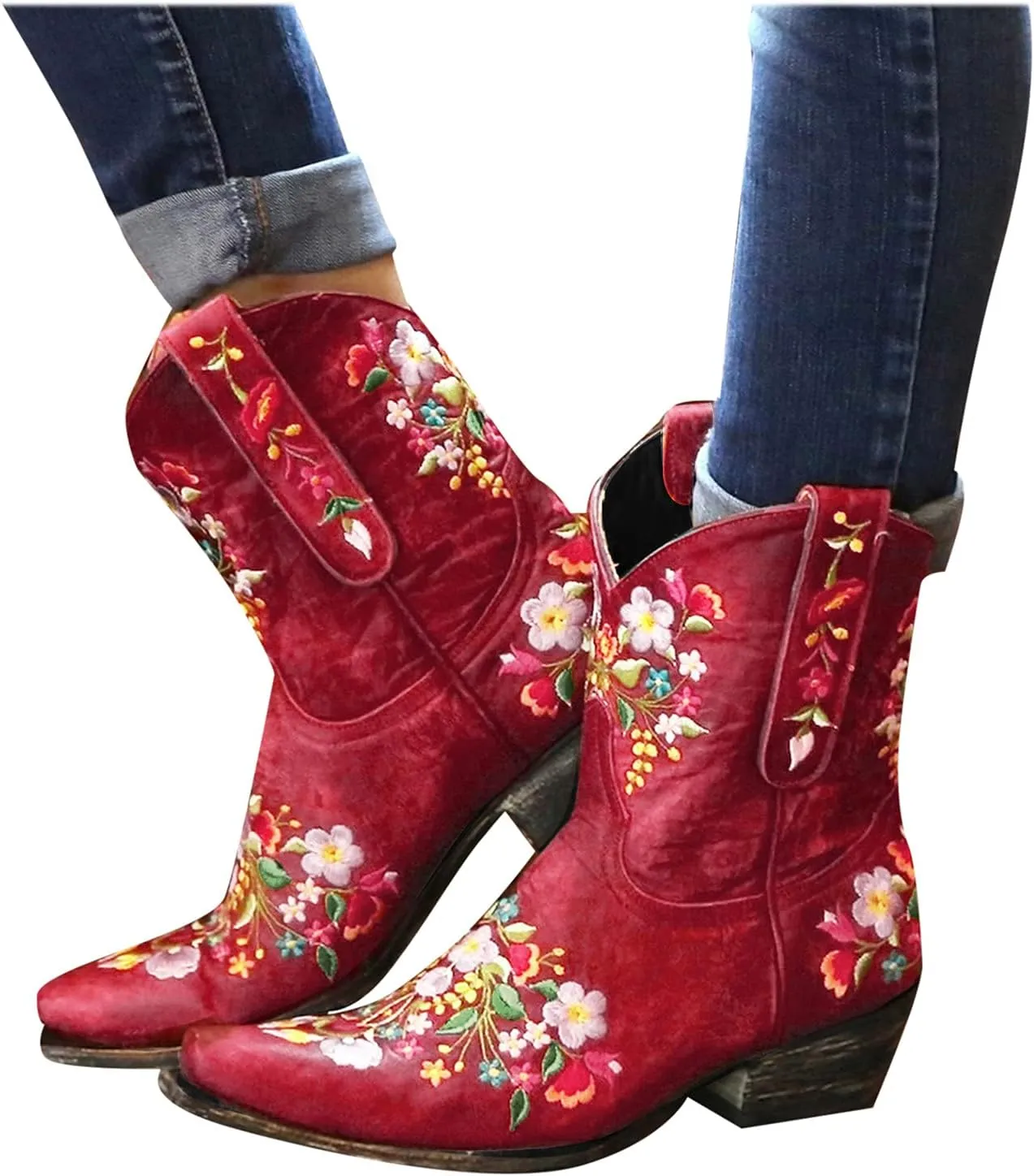 Cowboy Boots for Women Cowgirl Boots Wide Calf Chunky Heel Low Heel Pointed Toe Fashion Embroidered Pull on Boots