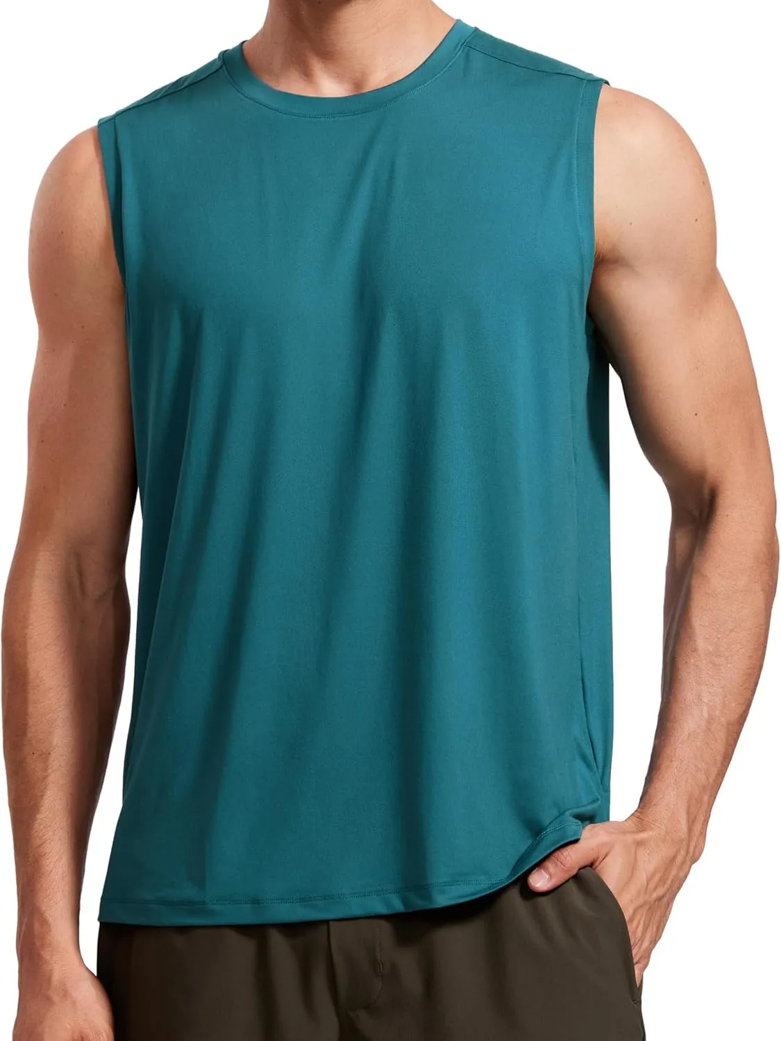 CRZ YOGA Men's Workout Sleeveless Shirt Quick Dry Stretchy Swim T-Shirts Athletic Gym Running Beach Tank Top
