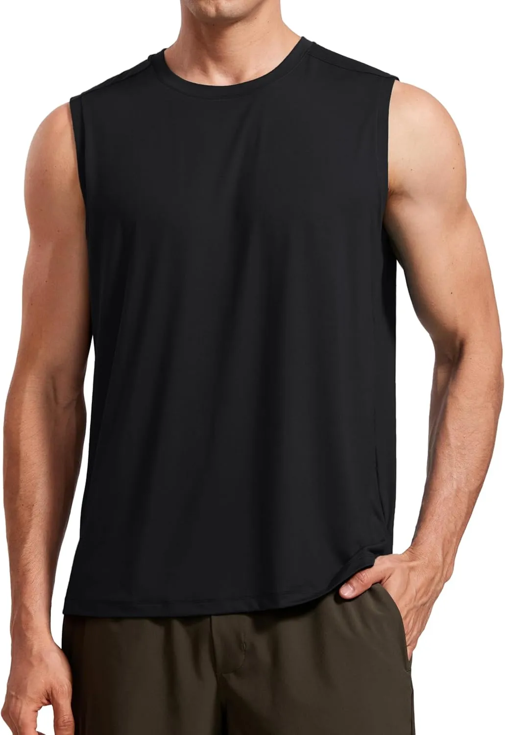 CRZ YOGA Men's Workout Sleeveless Shirt Quick Dry Stretchy Swim T-Shirts Athletic Gym Running Beach Tank Top