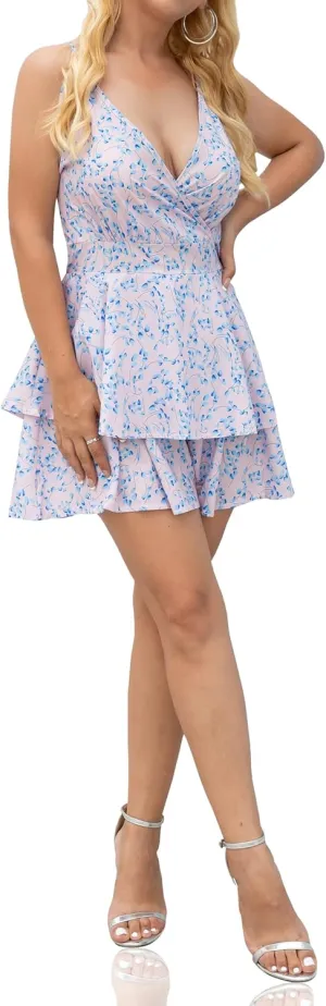 Curve Muse Women's Printed Warp-Front Romper Waist Sash Tie Double Layer Ruffle