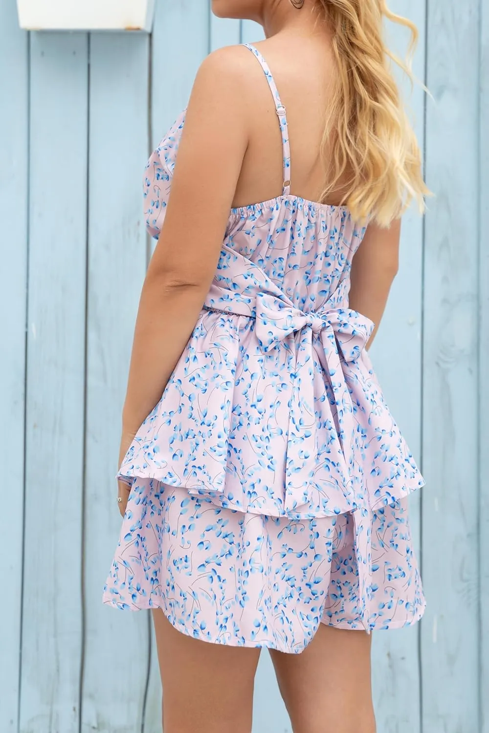 Curve Muse Women's Printed Warp-Front Romper Waist Sash Tie Double Layer Ruffle