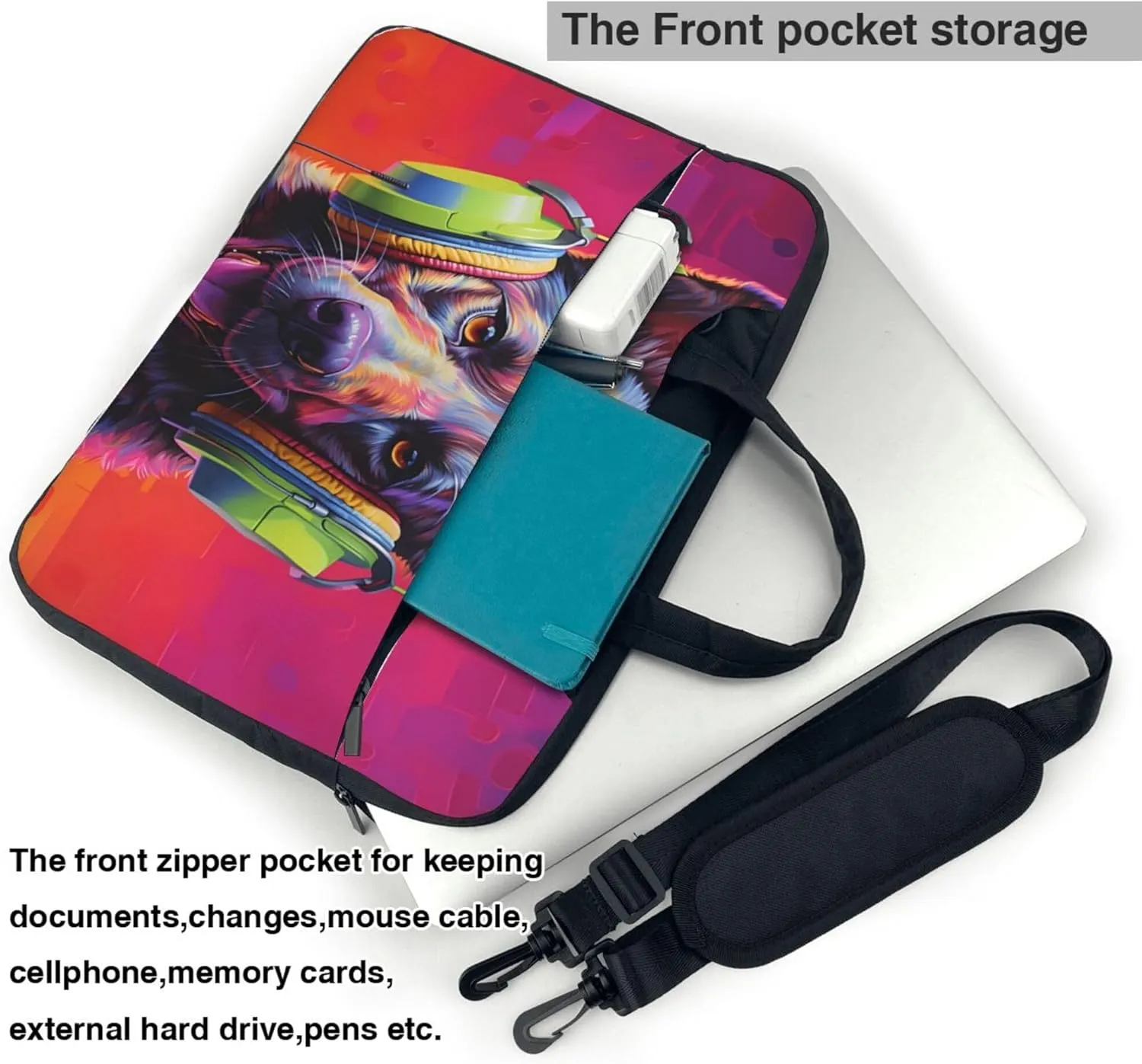 Cute Colorful Dog Laptop Shoulder Bag for Women, Music Dog Laptop Sleeve Case Durable Computer Bag