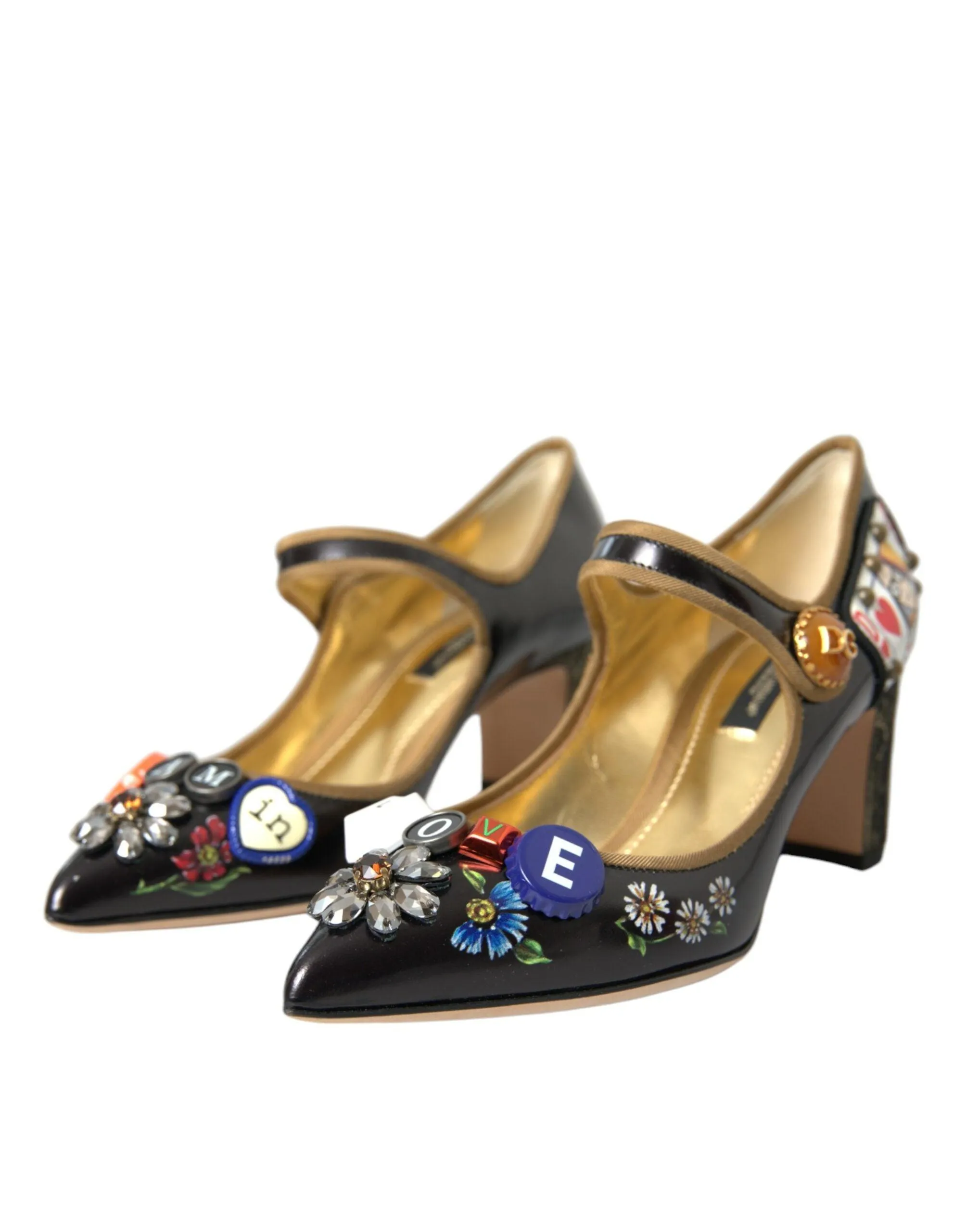 Dolce & Gabbana Black Leather Crystal Mary Jane Pumps Sko