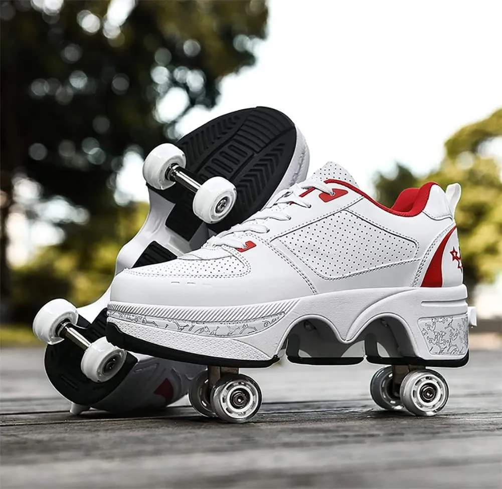Double-Row Deform Wheel Automatic Walking Shoes Invisible Deformation Roller Skate Male and Female Skating Shoes 2 in 1 Removable Pulley Skate Shoes Recreation Sneakers