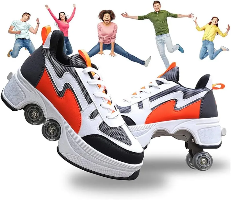 Double-Row Deform Wheel Automatic Walking Shoes Invisible Deformation Roller Skate Male and Female Skating Shoes 2 in 1 Removable Pulley Skate Shoes Recreation Sneakers