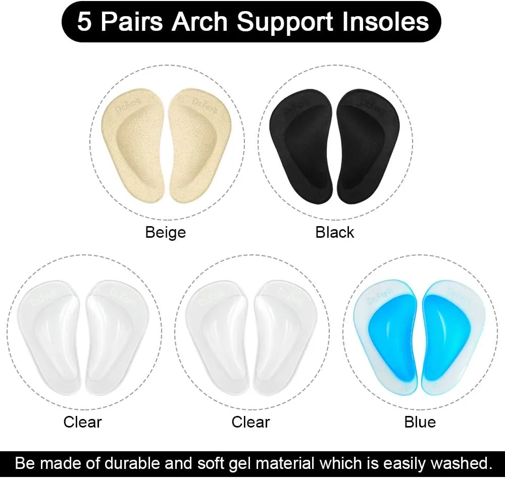Dr.Foot Plantar Fasciitis Arch Support Shoe Insoles 5 Pairs, Thicken Gel Arch Pads for Flat Feet - Self-Adhesive Arch Cushions Inserts for Men and Women