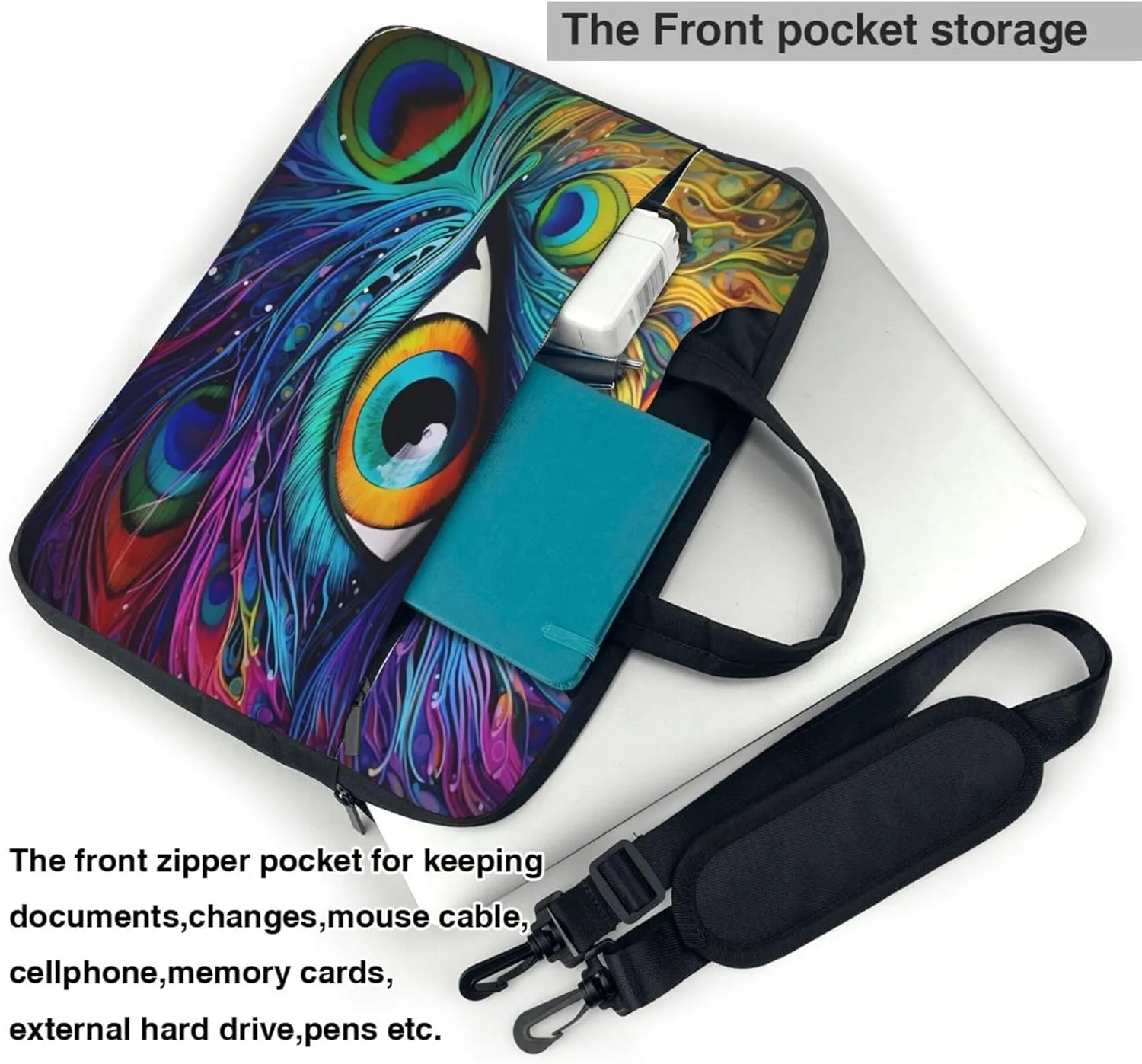 Ethnic Peacock Eye Laptop Shoulder Bag for Women, Bird Feather Laptop Sleeve Case Durable Computer Bag