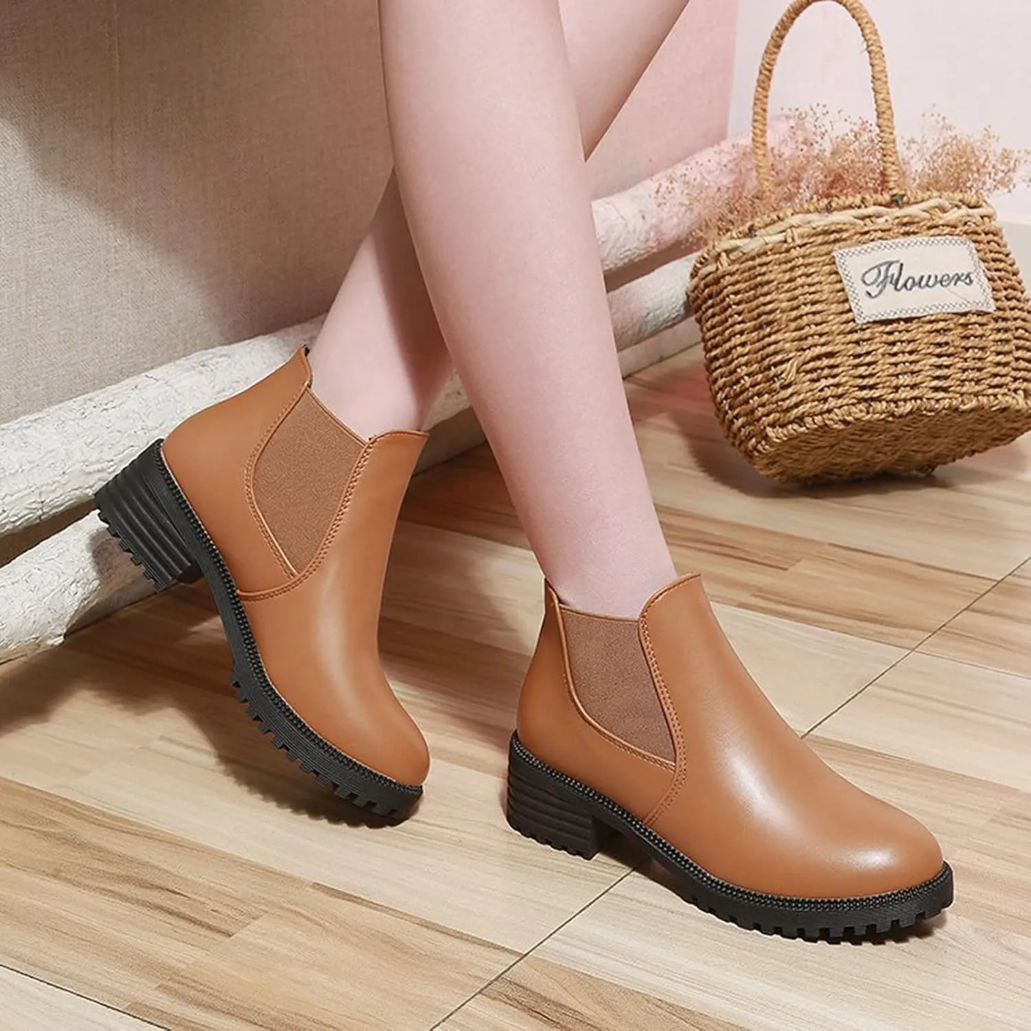 Fall Boots Women Ankle Flat Booties for Women Wide Calf Heeled Boots for Women Steel Toe Shoes for Women Comfy Soft Cover Heel Round Toe Suede Stacked Heel