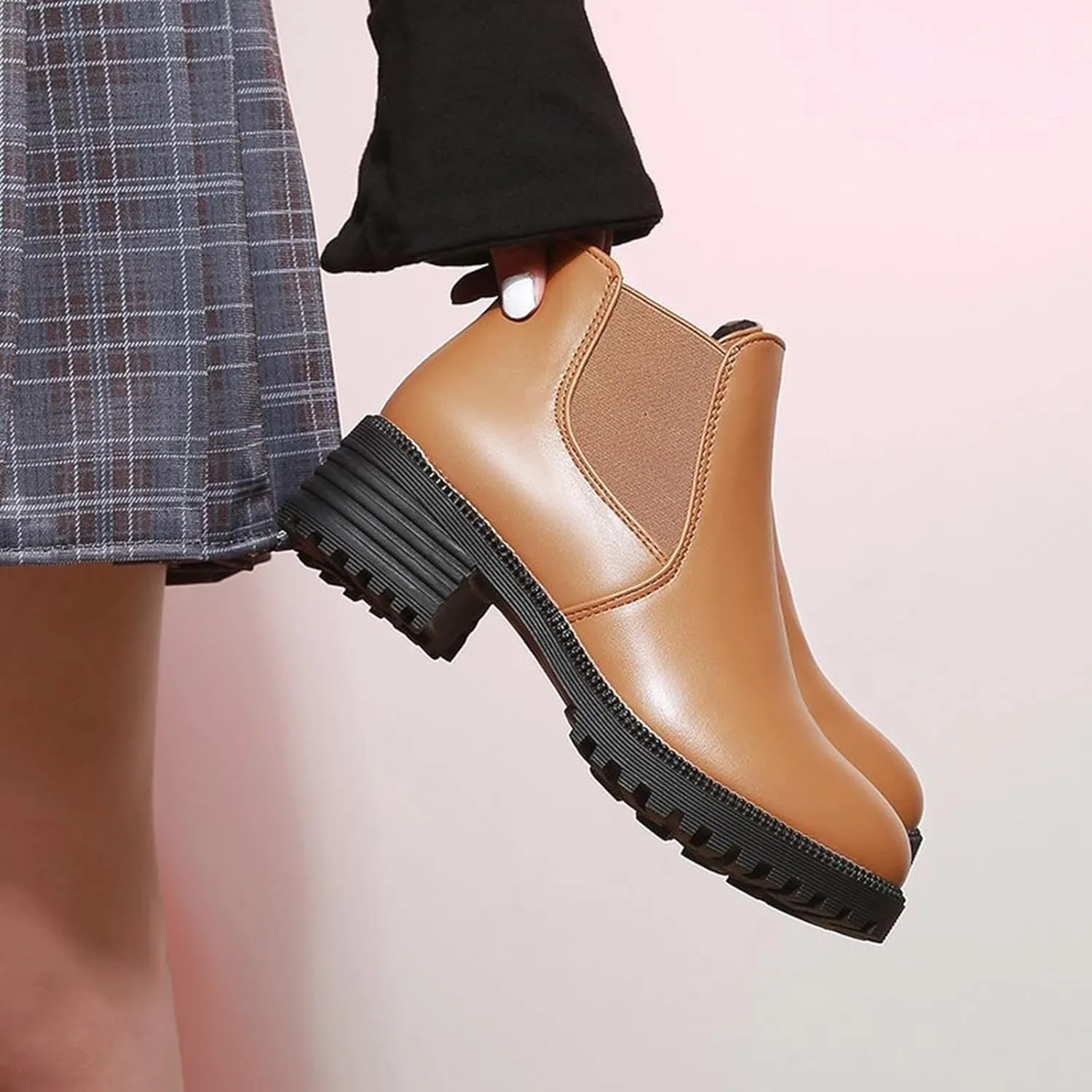 Fall Boots Women Ankle Flat Booties for Women Wide Calf Heeled Boots for Women Steel Toe Shoes for Women Comfy Soft Cover Heel Round Toe Suede Stacked Heel