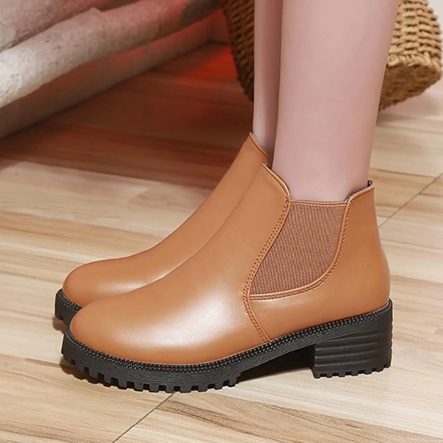 Fall Boots Women Ankle Flat Booties for Women Wide Calf Heeled Boots for Women Steel Toe Shoes for Women Comfy Soft Cover Heel Round Toe Suede Stacked Heel