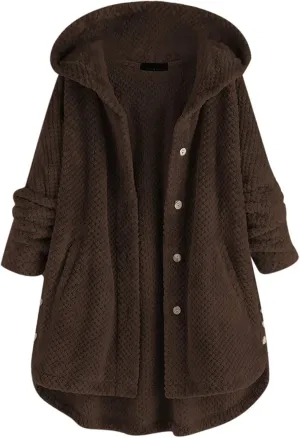 Fleece Jacket Women Button Hem Plus Size Hoodie Top Sweater Blouse Oversized Fluffy Outerwear para Coats