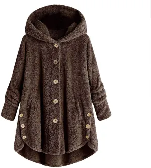 Fleece Jacket Women Button Hem Plus Size Hoodie Top Sweater Blouse Oversized Fluffy Outerwear para Coats