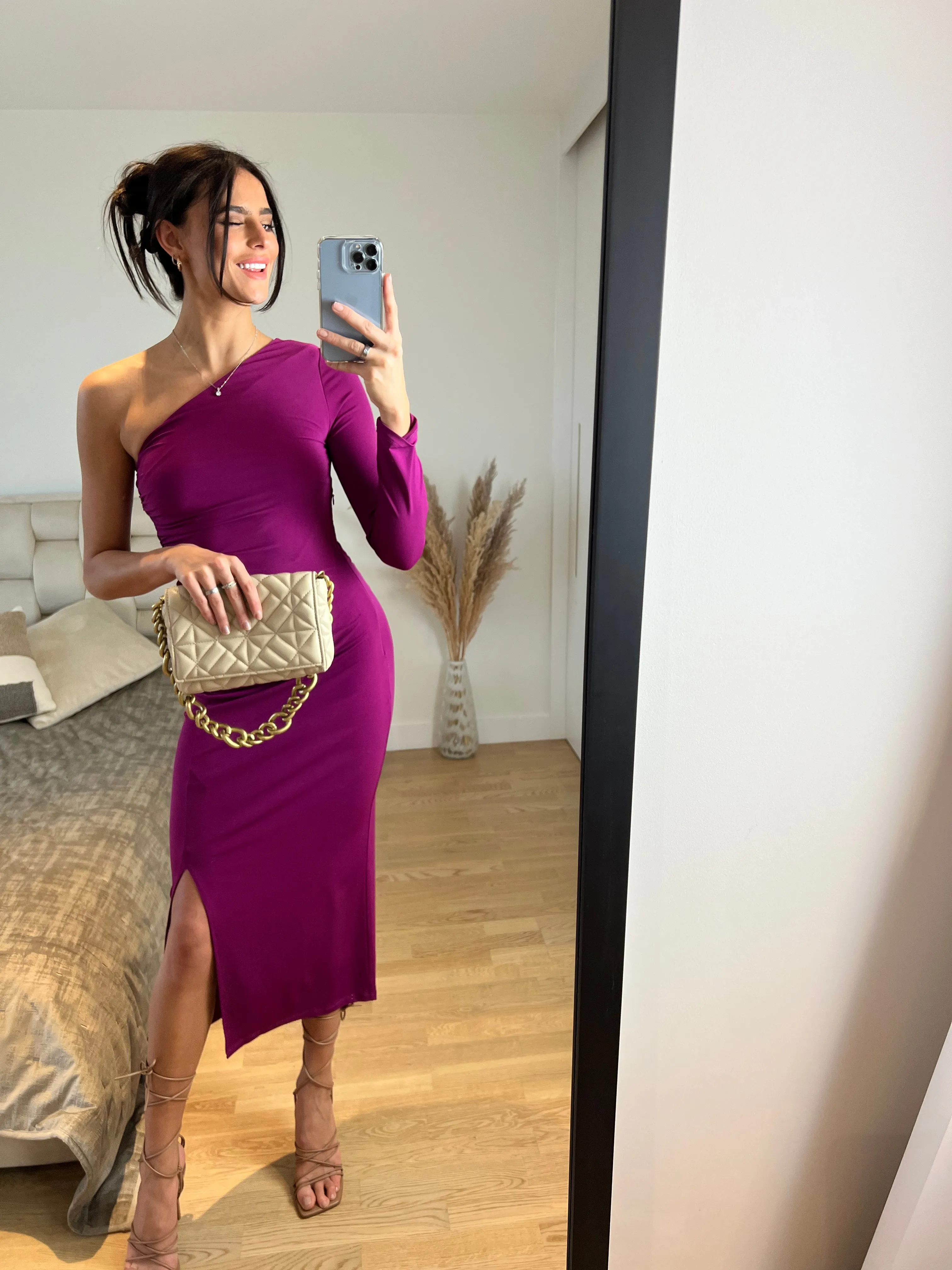 Fuchsia Flair One-Shoulder Midi Dress