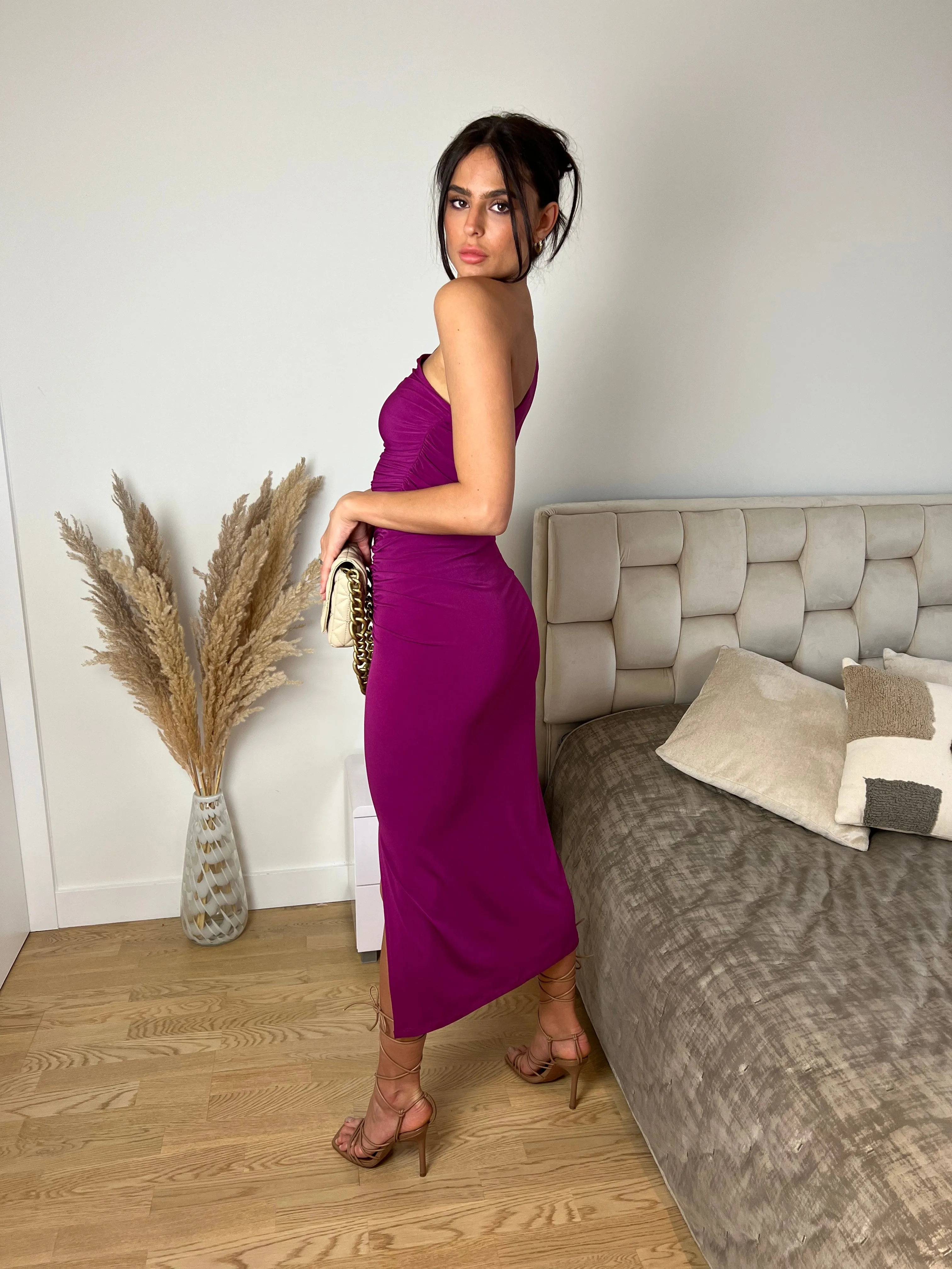 Fuchsia Flair One-Shoulder Midi Dress