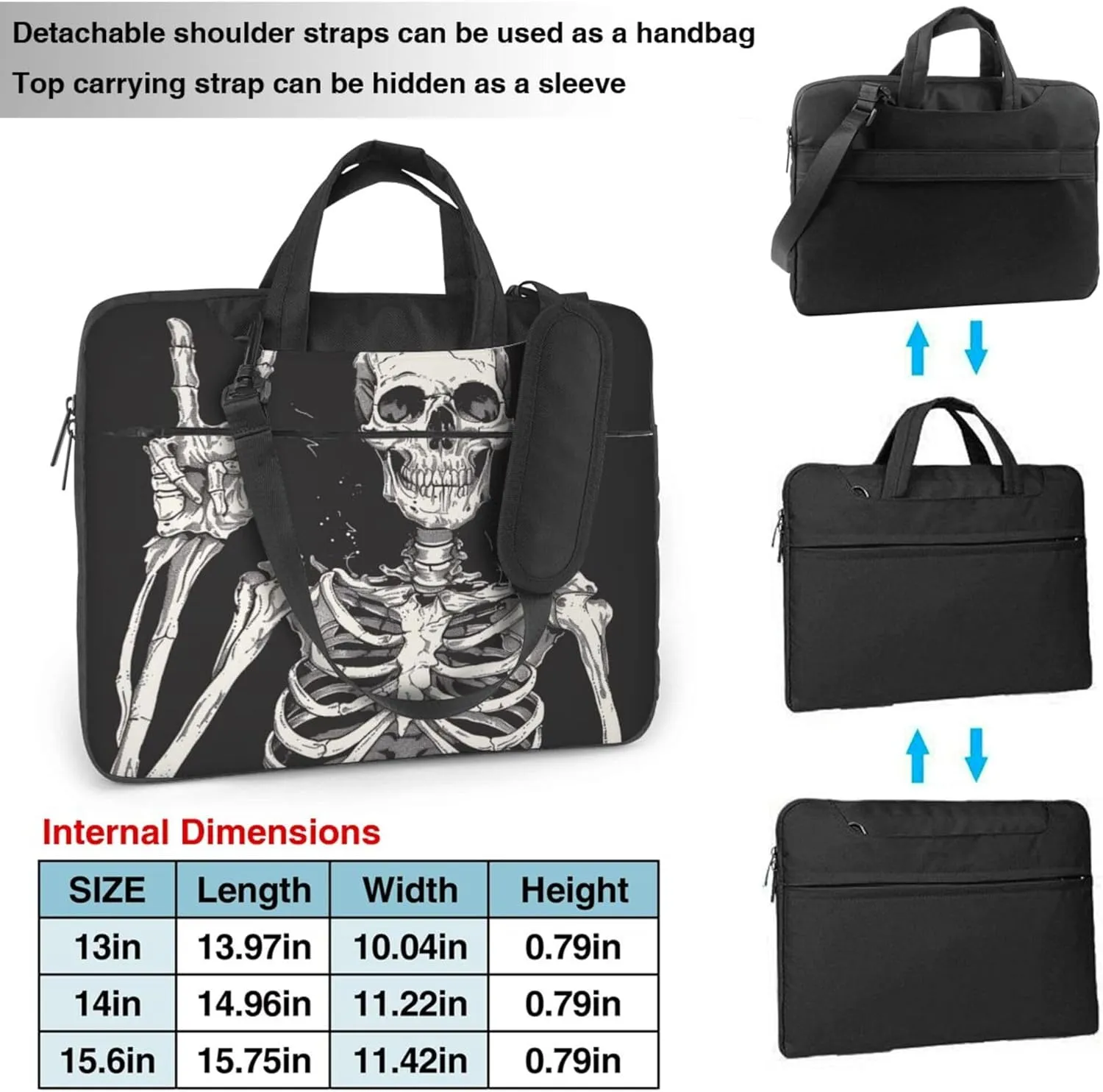 Funny Skull Laptop Shoulder Bag for Women, Skull Human Skeleton Laptop Sleeve Case Durable Computer Bag
