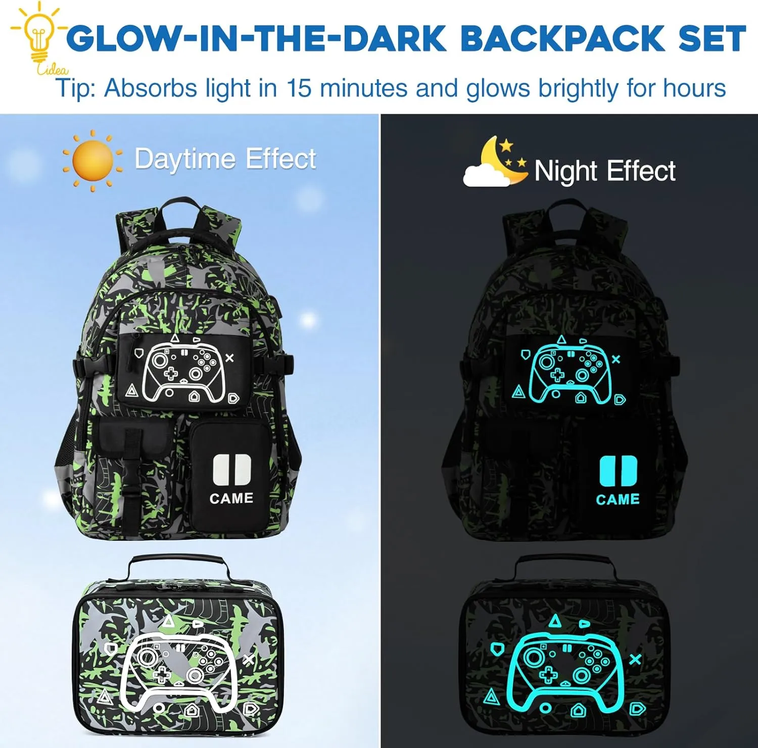 Game Kids Backpack Set, Large Boys Backpack with Lunch Bag & Pencil Case, Waterproof School Backpacks With USB Charging Port, Luminous Camo Bookbags Fits 15.6" Laptop For Boy Age 6-18, Green