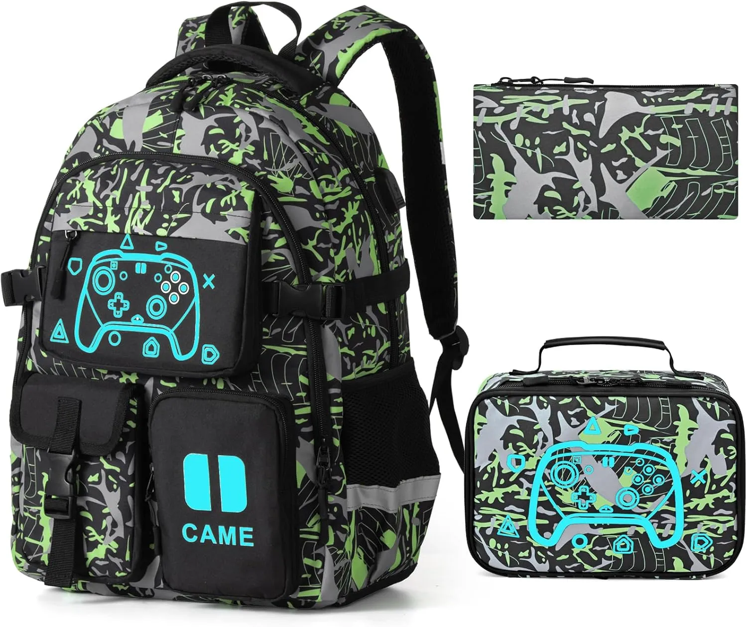 Game Kids Backpack Set, Large Boys Backpack with Lunch Bag & Pencil Case, Waterproof School Backpacks With USB Charging Port, Luminous Camo Bookbags Fits 15.6" Laptop For Boy Age 6-18, Green